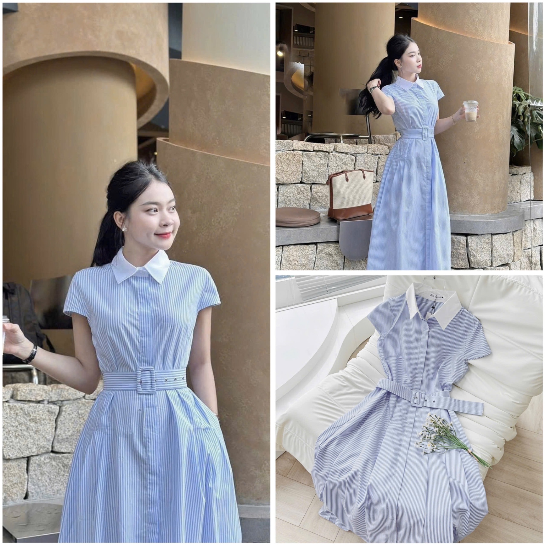 V472 - VÁY SƠ MI XANH SỌC CỔ TRẮNG KÈM ĐAI