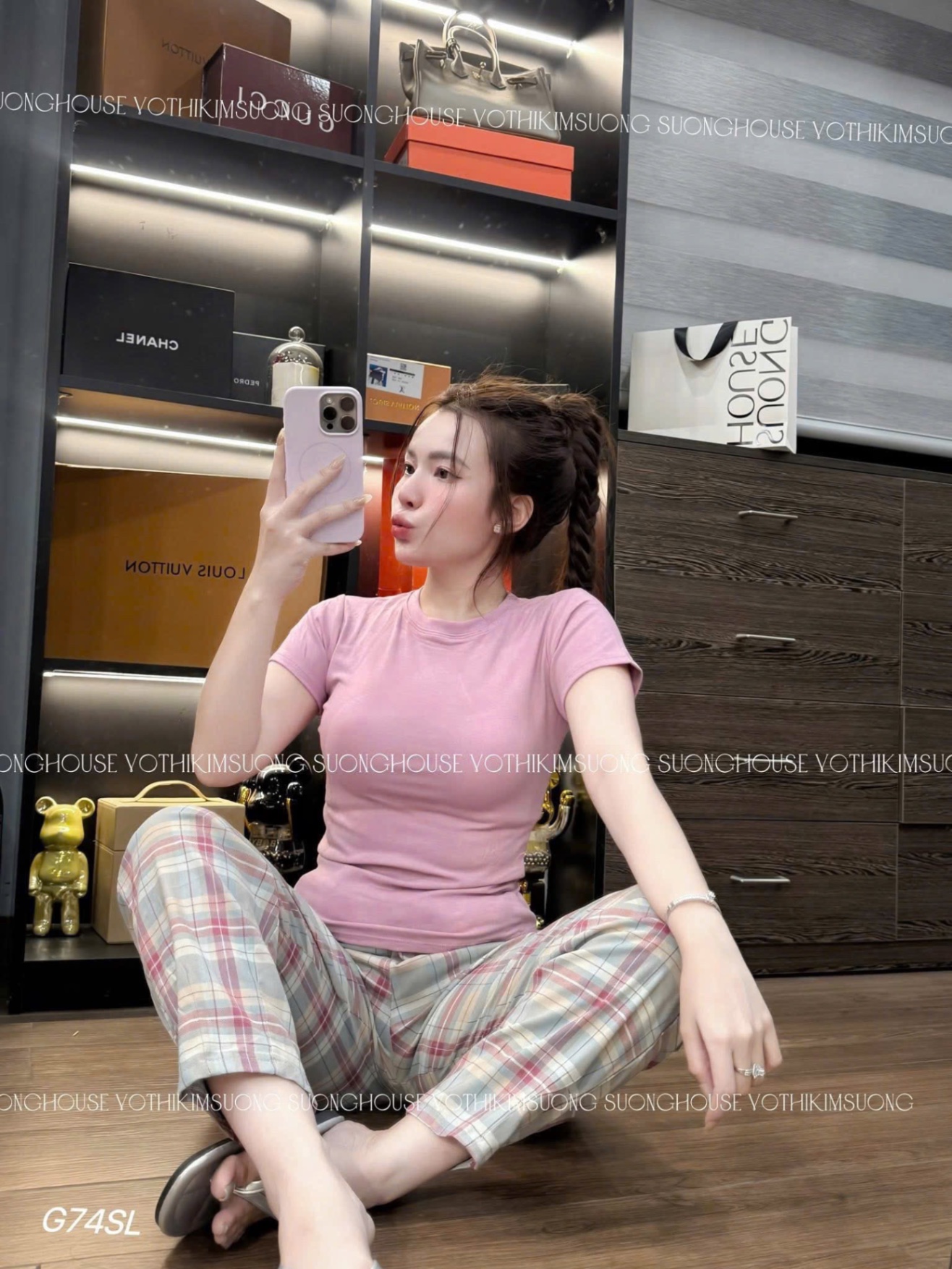 S003 - BỘ NỮ ÁO ZIP HỒNG CỘC QUẦN SUÔNG KẺ