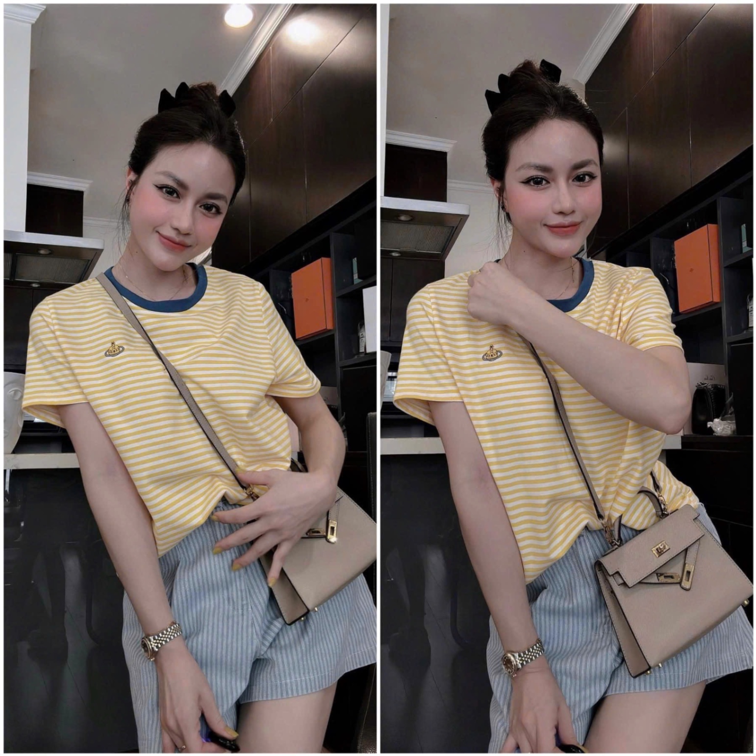 S999 - SET ÁO VÀNG KẺ NGANG THÊU QUẦN XANH SỌC