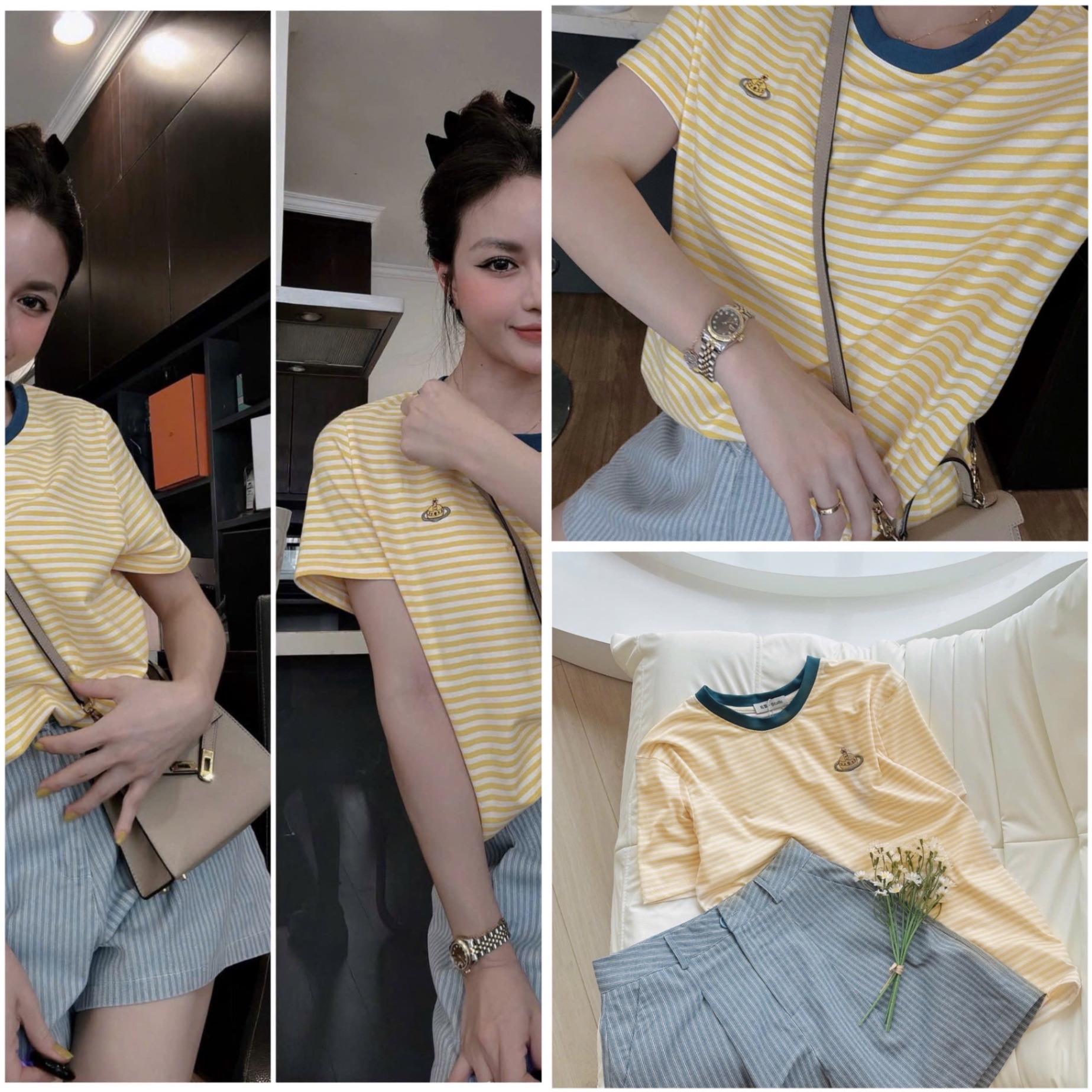 S999 - SET ÁO VÀNG KẺ NGANG THÊU QUẦN XANH SỌC