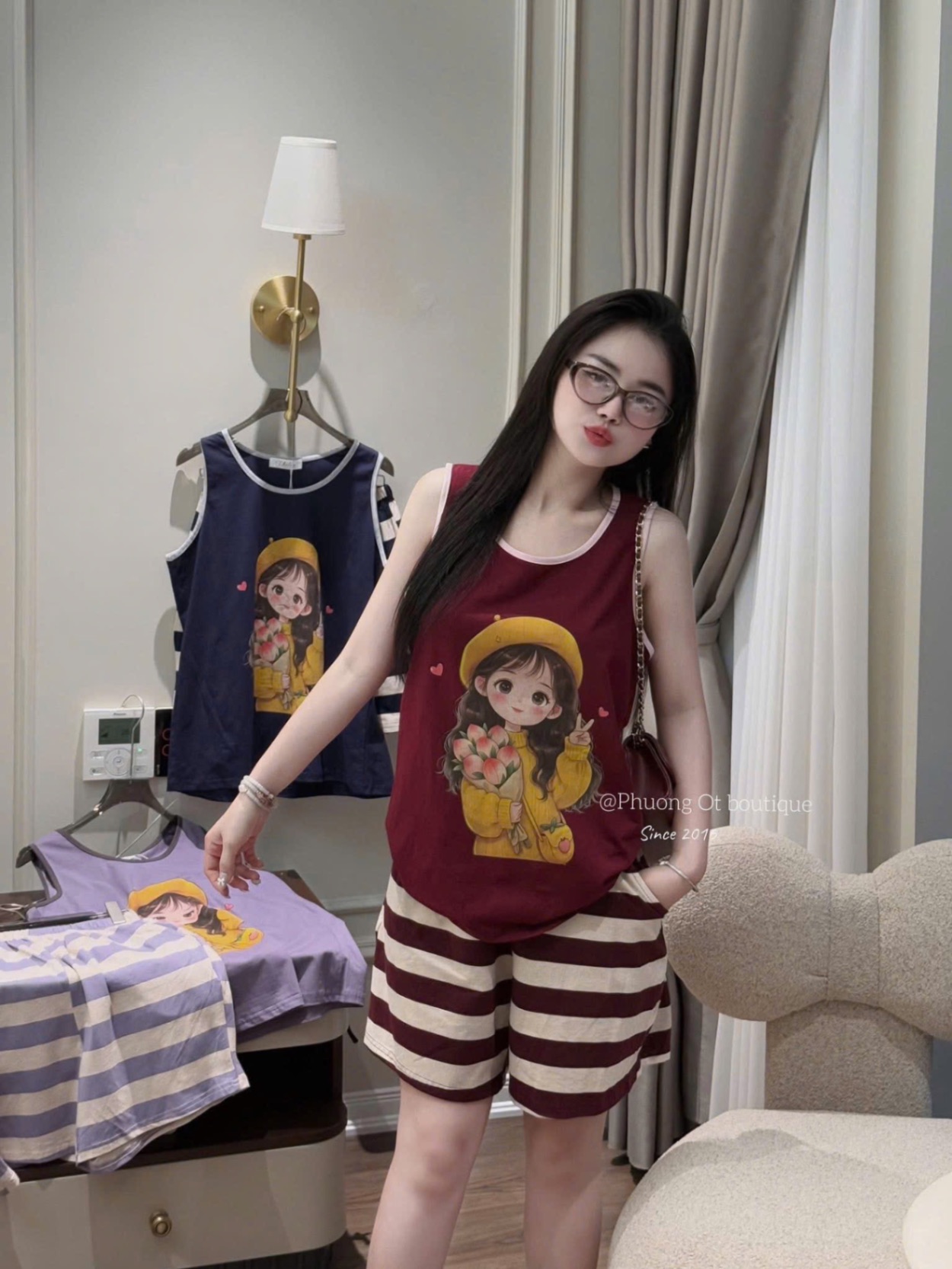 S011 - BỘ ĐÙI NỮ ÁO BA LỖ CÔ GÁI QUẦN KẺ NGANG