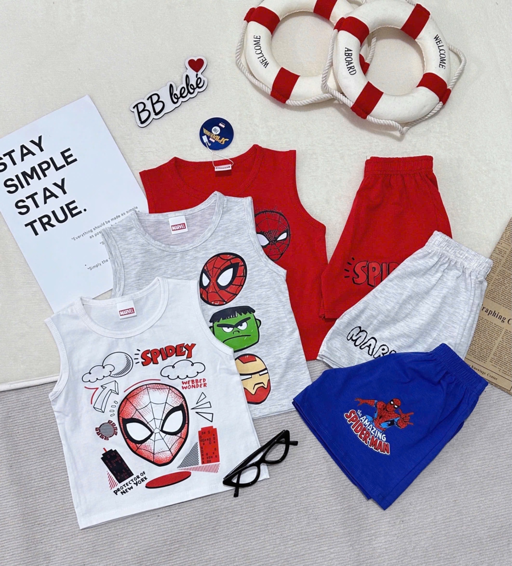 T685 - SET 3 BỘ ĐÙI BÉ TRAI BA LỖ MARVEL đỏ ghi trắng