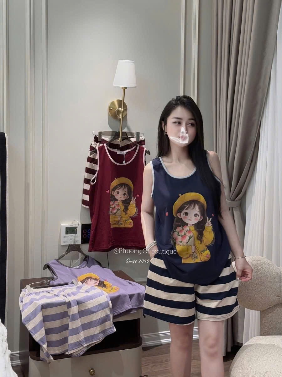 S011 - BỘ ĐÙI NỮ ÁO BA LỖ CÔ GÁI QUẦN KẺ NGANG
