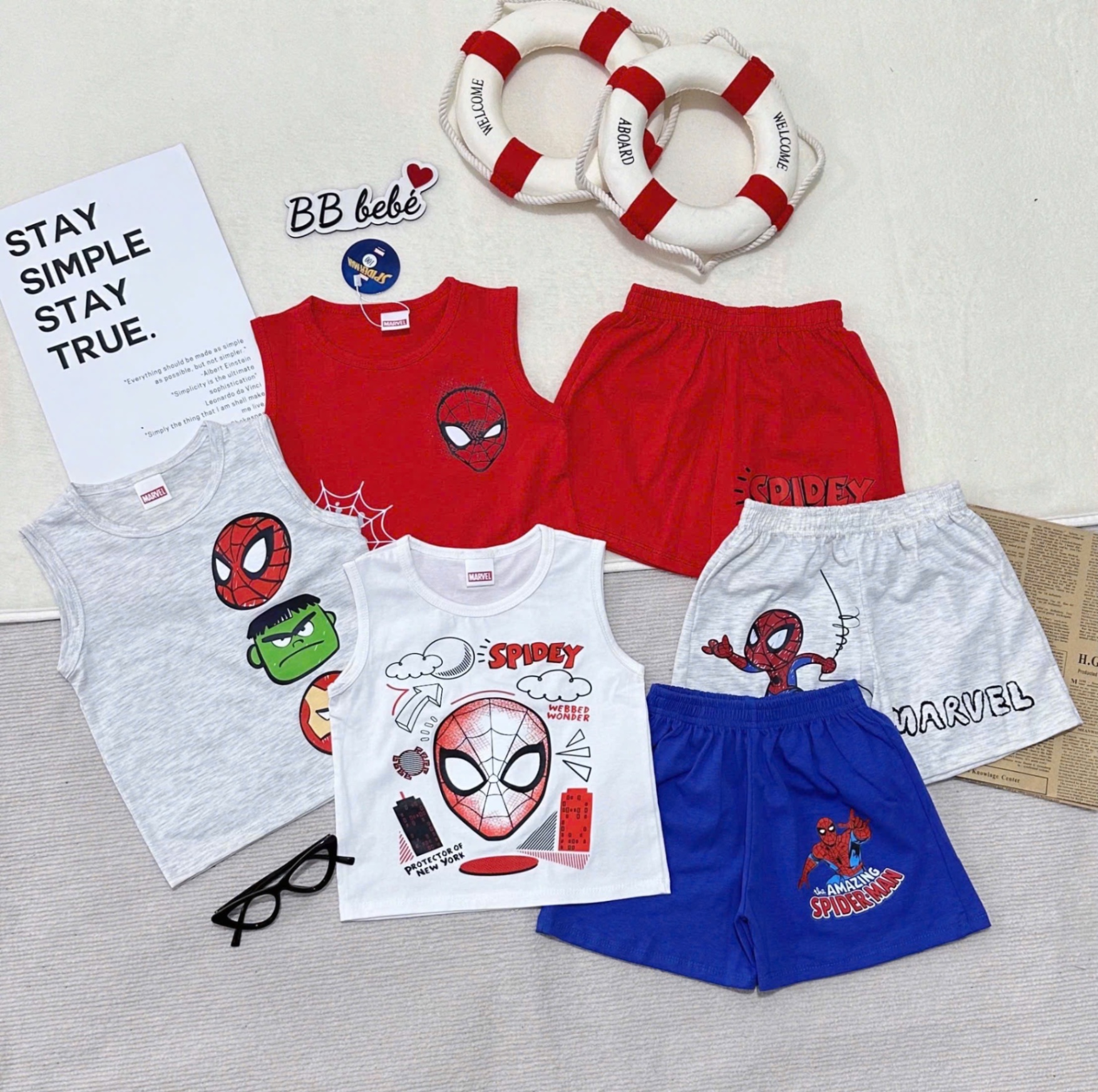 T685 - SET 3 BỘ ĐÙI BÉ TRAI BA LỖ MARVEL đỏ ghi trắng