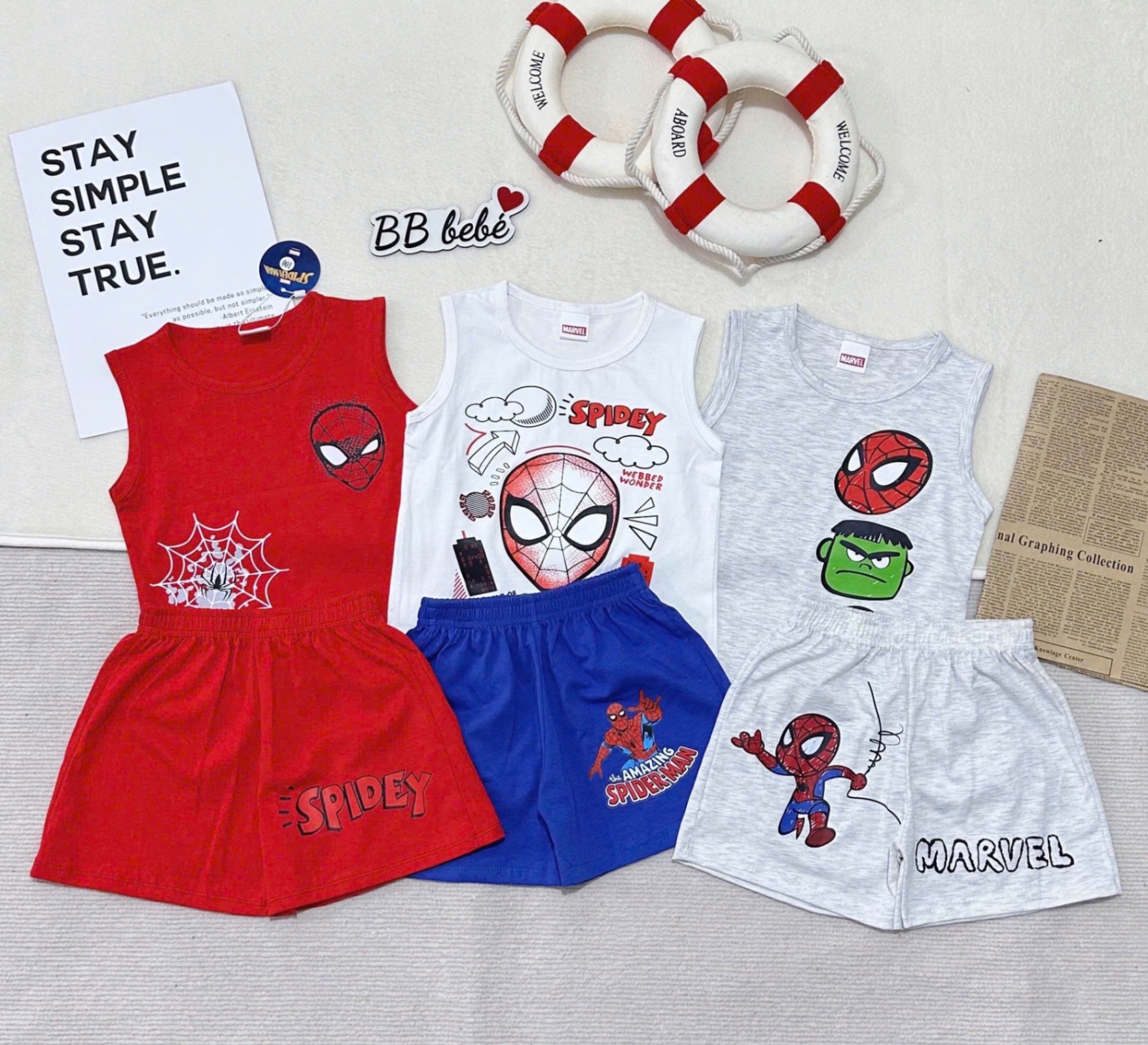 T685 - SET 3 BỘ ĐÙI BÉ TRAI BA LỖ MARVEL đỏ ghi trắng