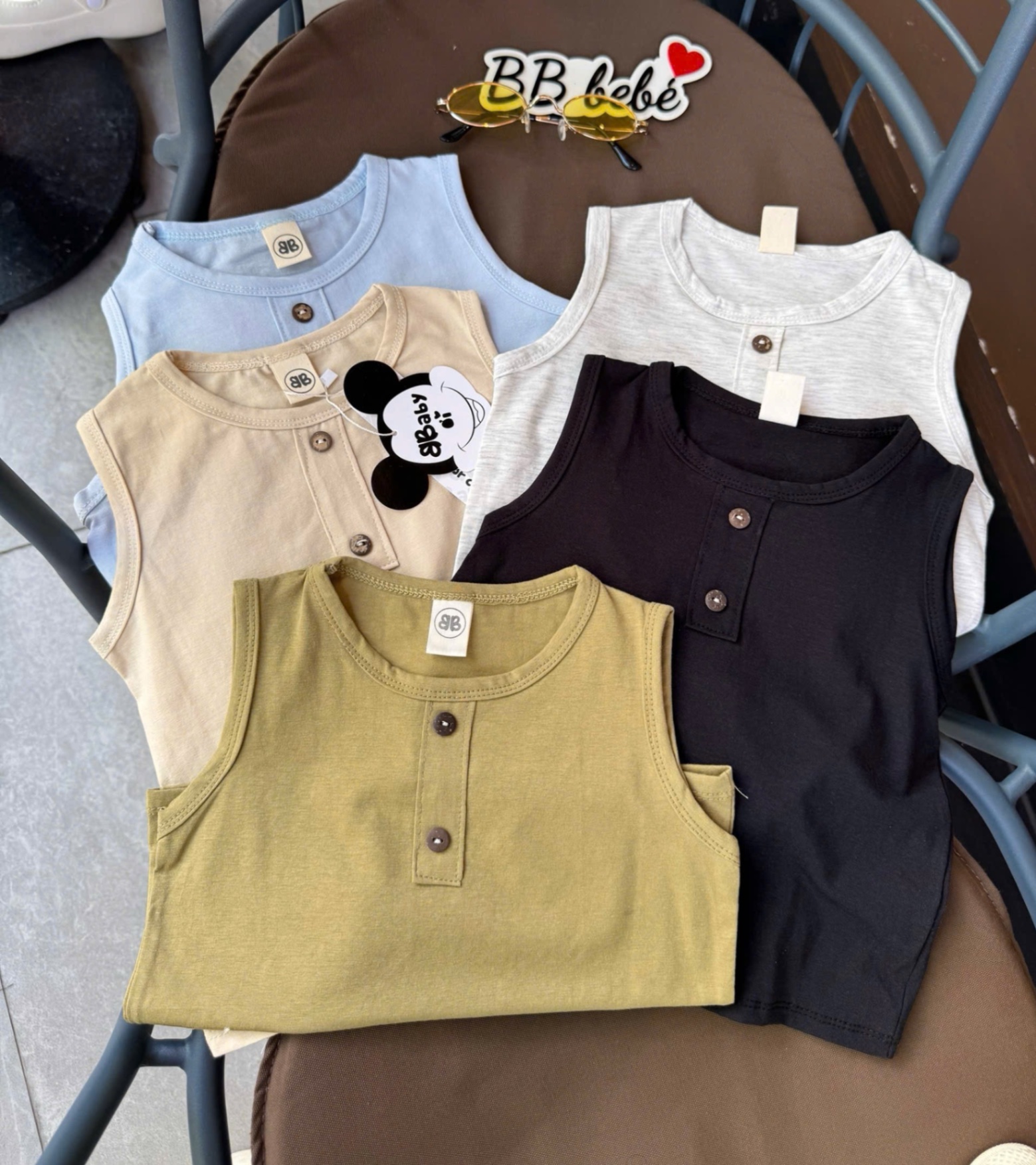 AB718 - SET 5 ÁO BÉ TRAI BA LỖ CÚC CỔ đen rêu xanh be
