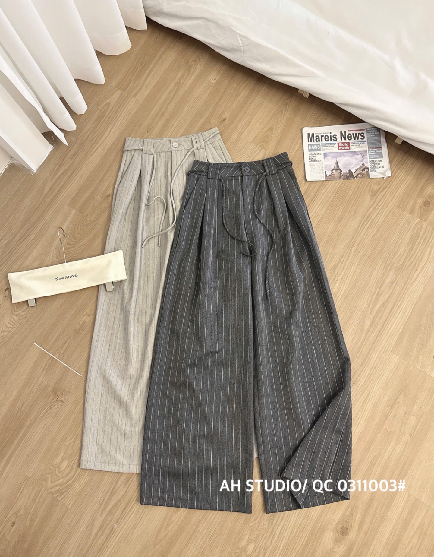 QNU597 - QUẦN SUÔNG SỌC PHỐI CẠP DÂY NƠ