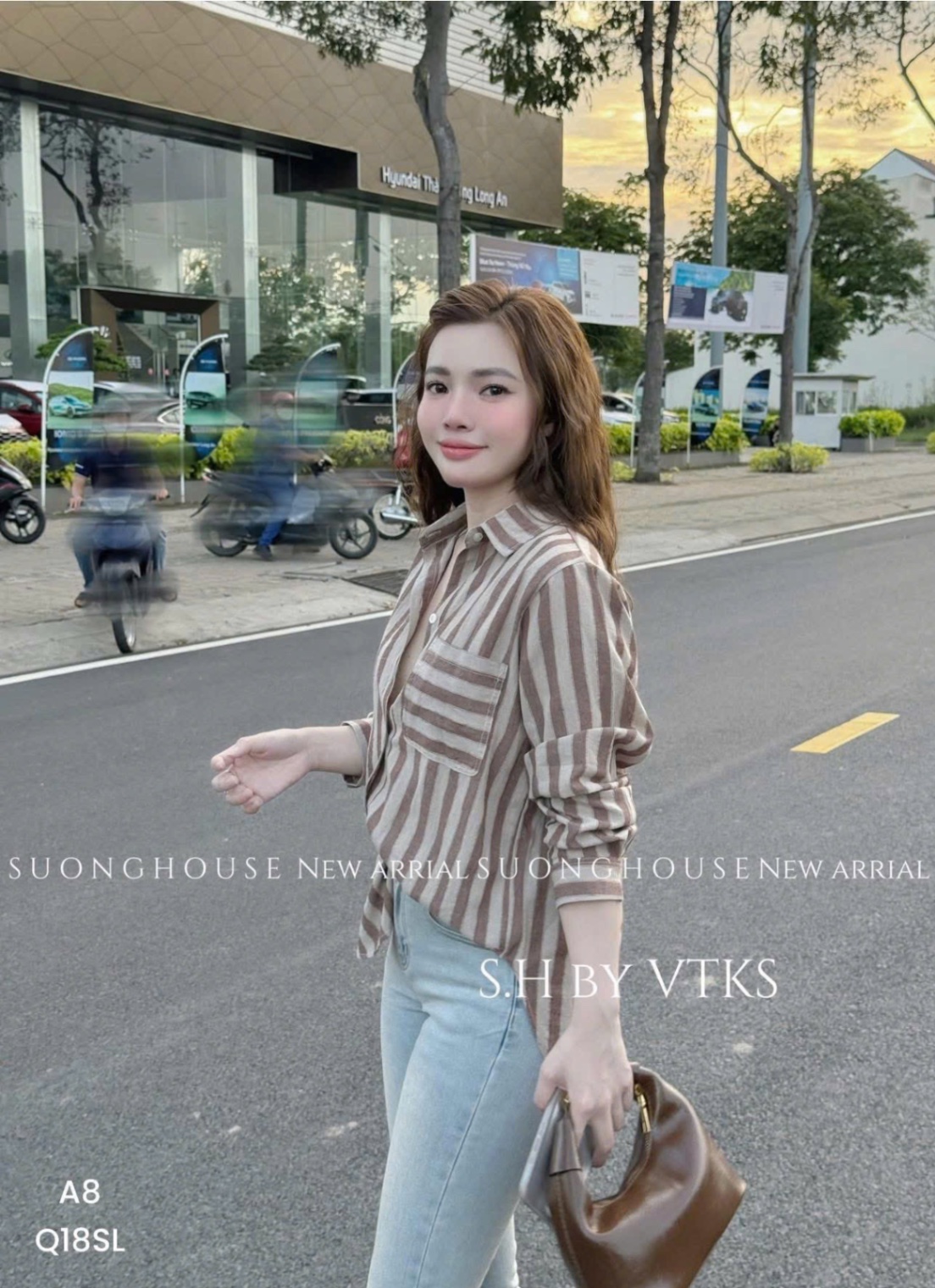 ANU222 - ÁO SƠ MI NỮ SỌC TÚI TRƯỚC DÀI TAY