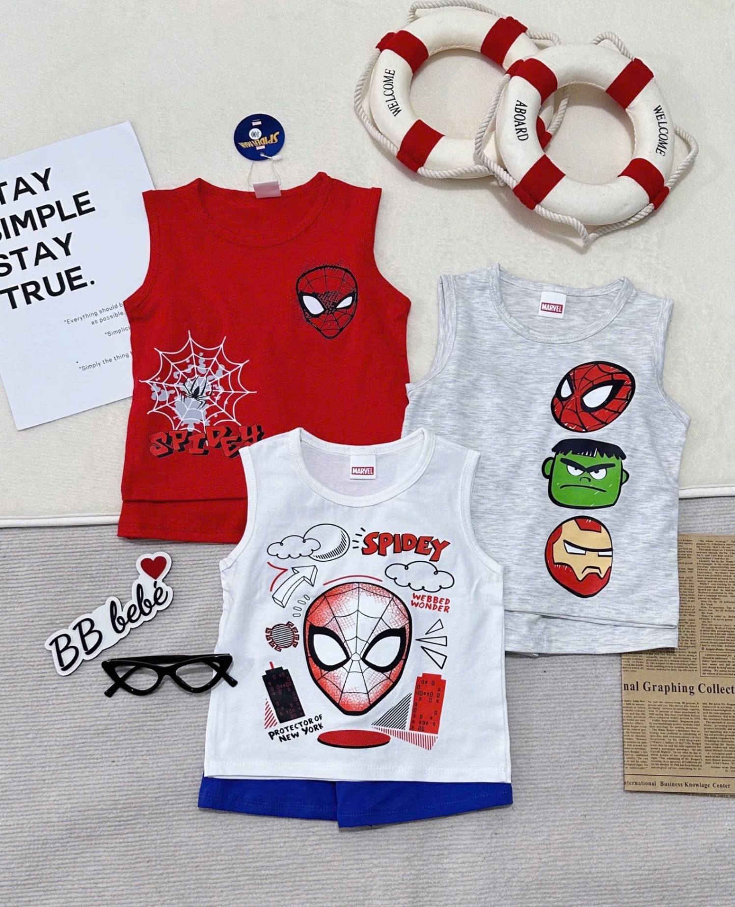 T685 - SET 3 BỘ ĐÙI BÉ TRAI BA LỖ MARVEL đỏ ghi trắng