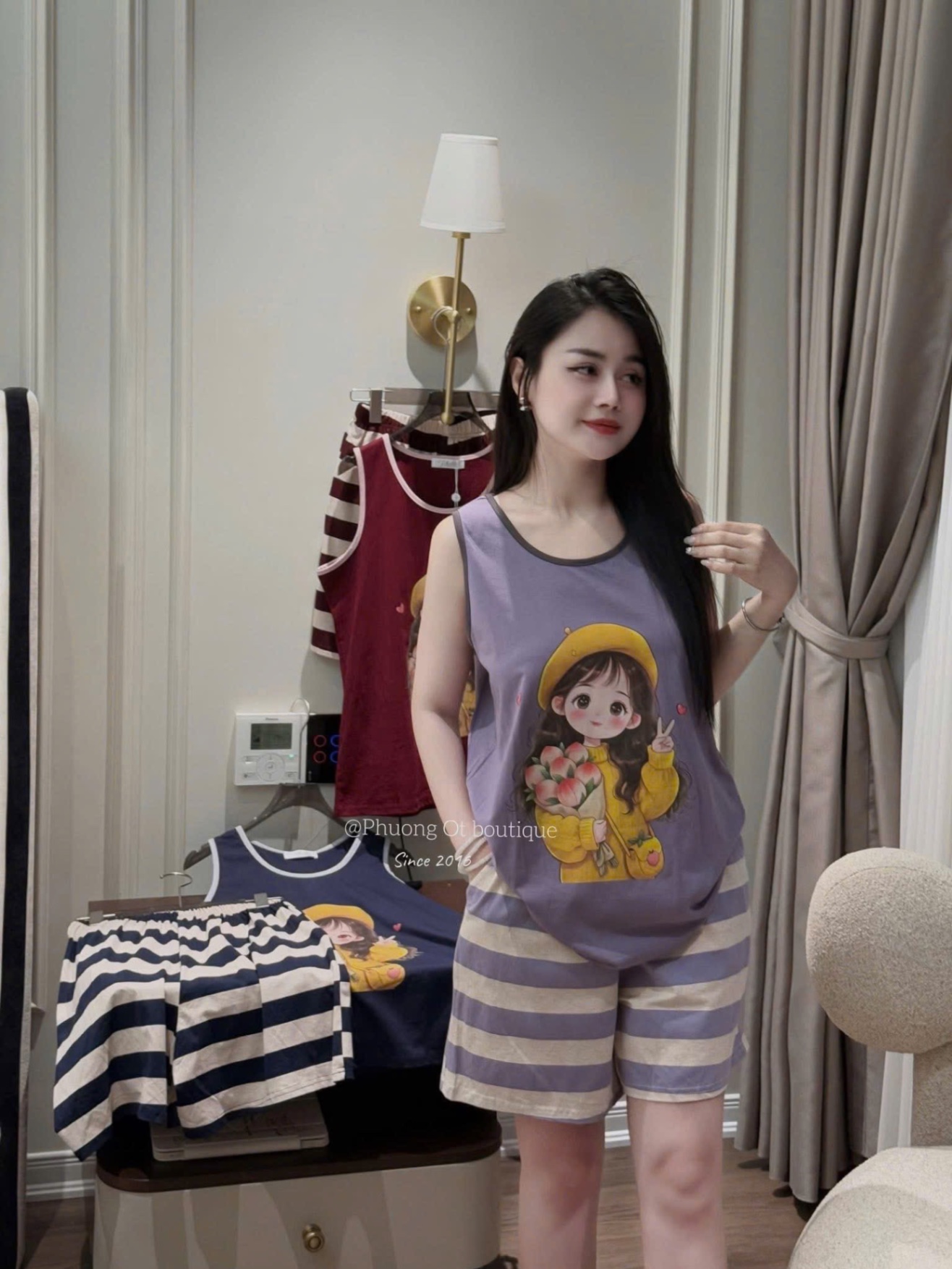 S011 - BỘ ĐÙI NỮ ÁO BA LỖ CÔ GÁI QUẦN KẺ NGANG