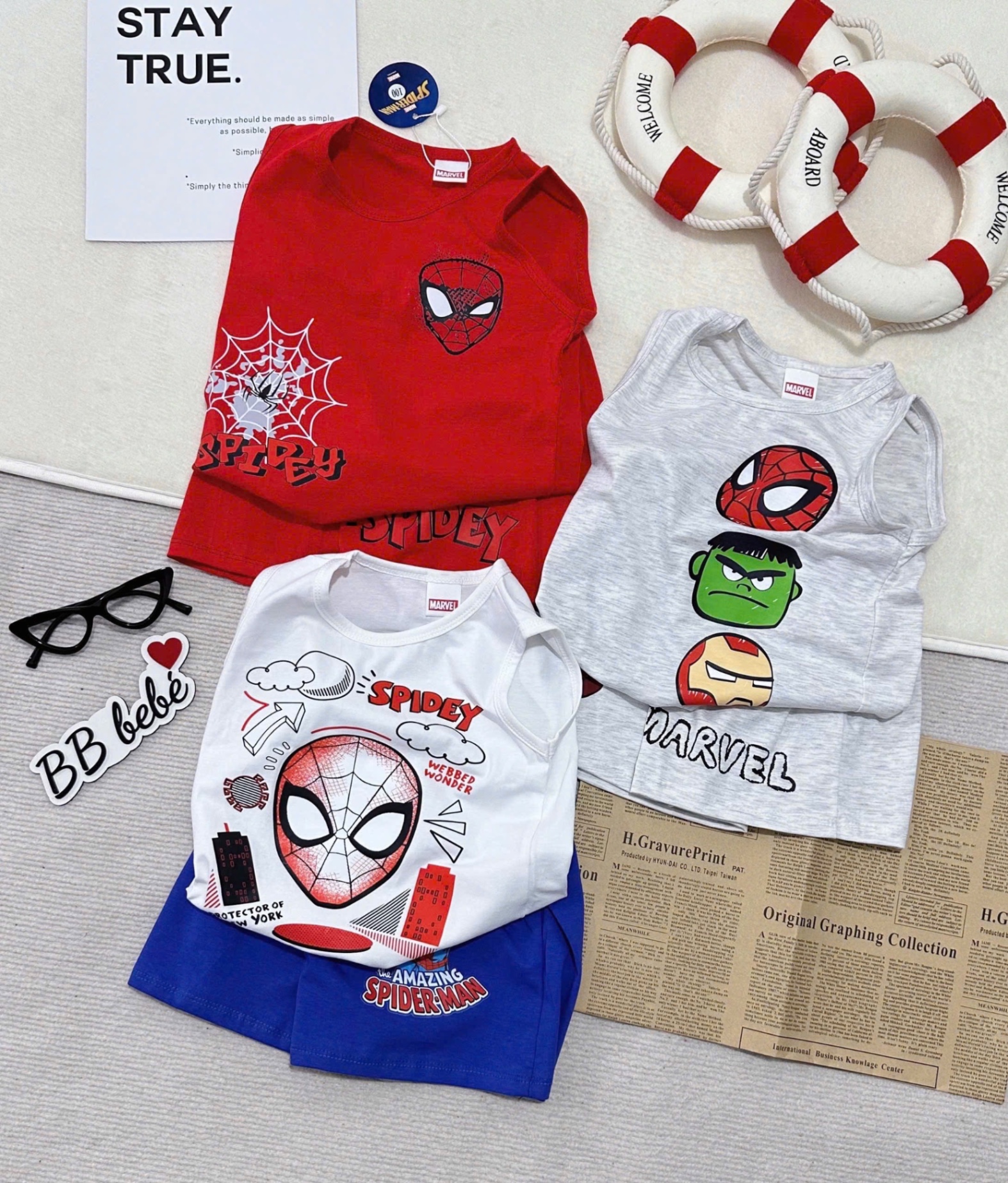 T685 - SET 3 BỘ ĐÙI BÉ TRAI BA LỖ MARVEL đỏ ghi trắng
