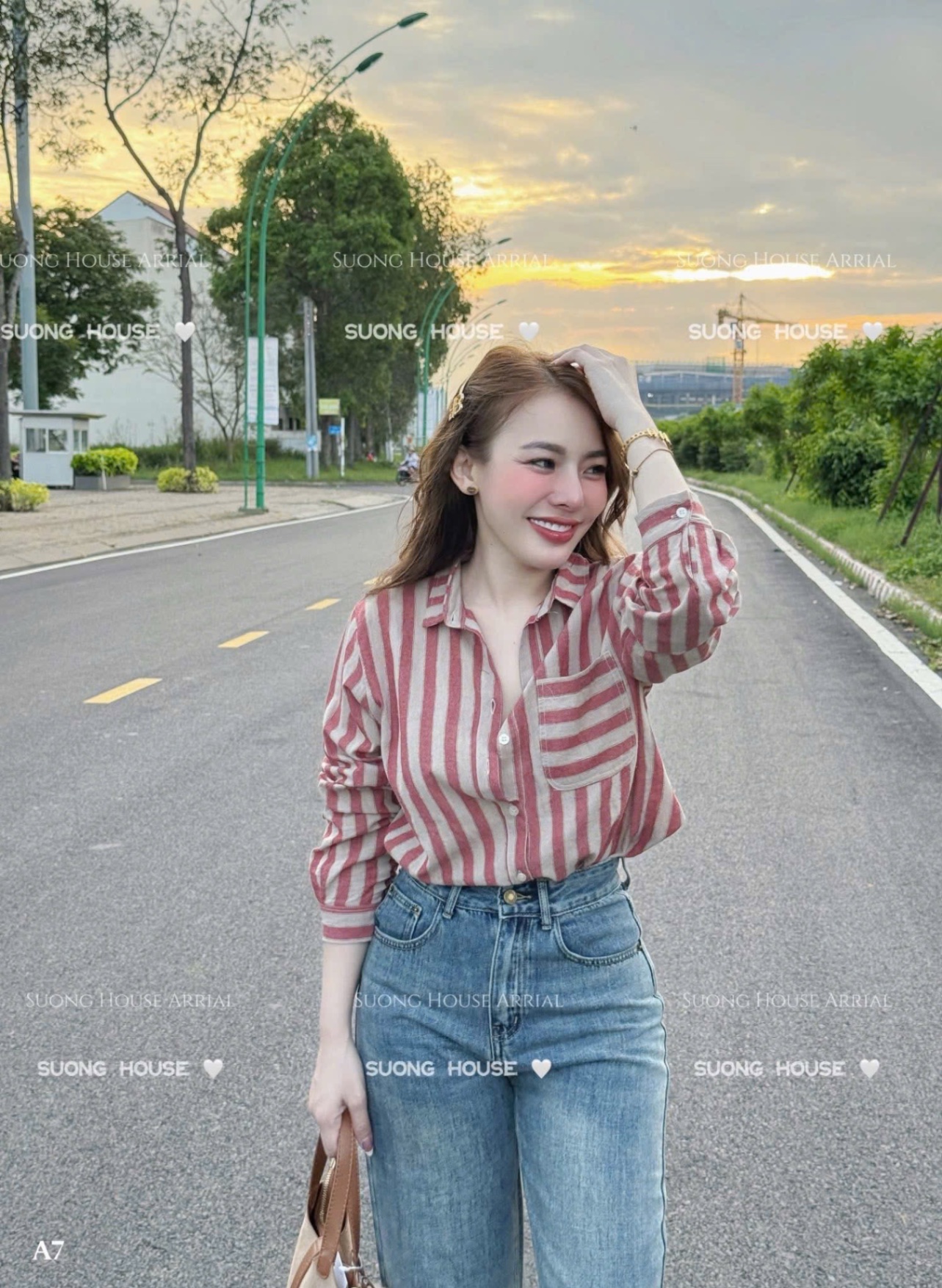 ANU222 - ÁO SƠ MI NỮ SỌC TÚI TRƯỚC DÀI TAY