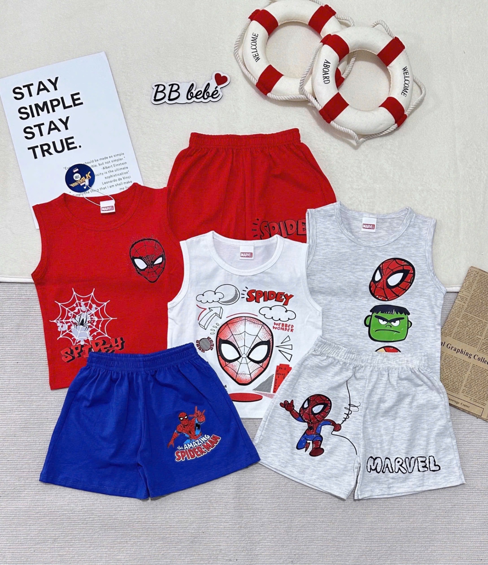T685 - SET 3 BỘ ĐÙI BÉ TRAI BA LỖ MARVEL đỏ ghi trắng