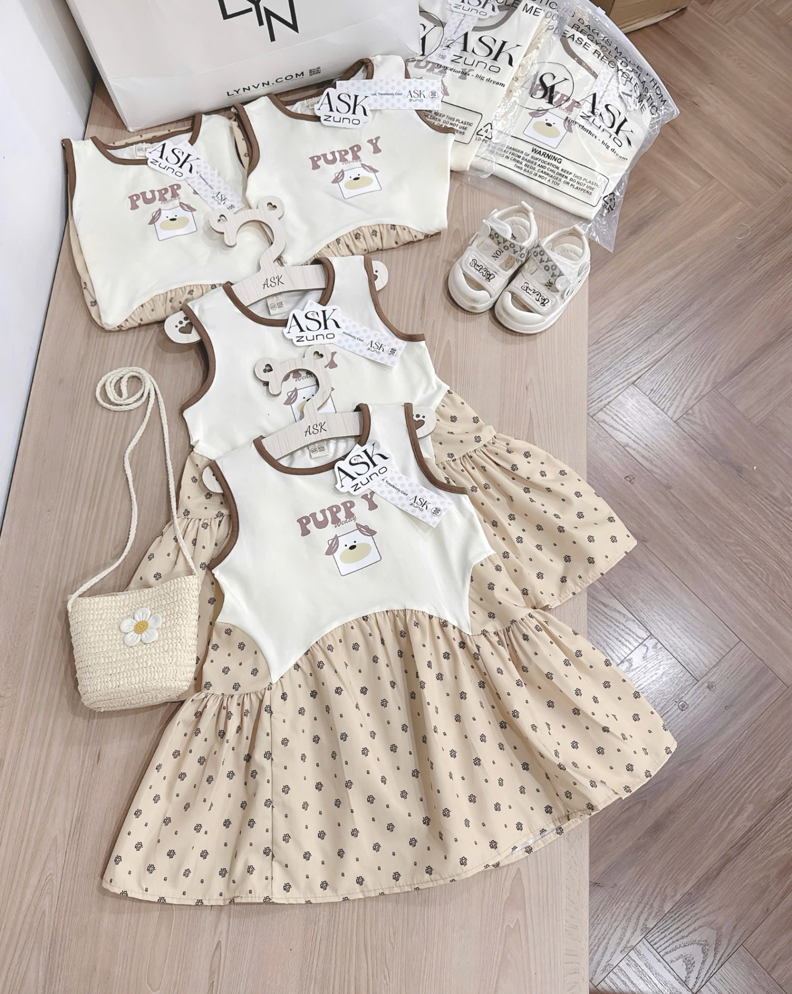VB540 - VÁY BÉ GÁI SÁT NÁCH BE PUPPY PHỐI HOA NÂU