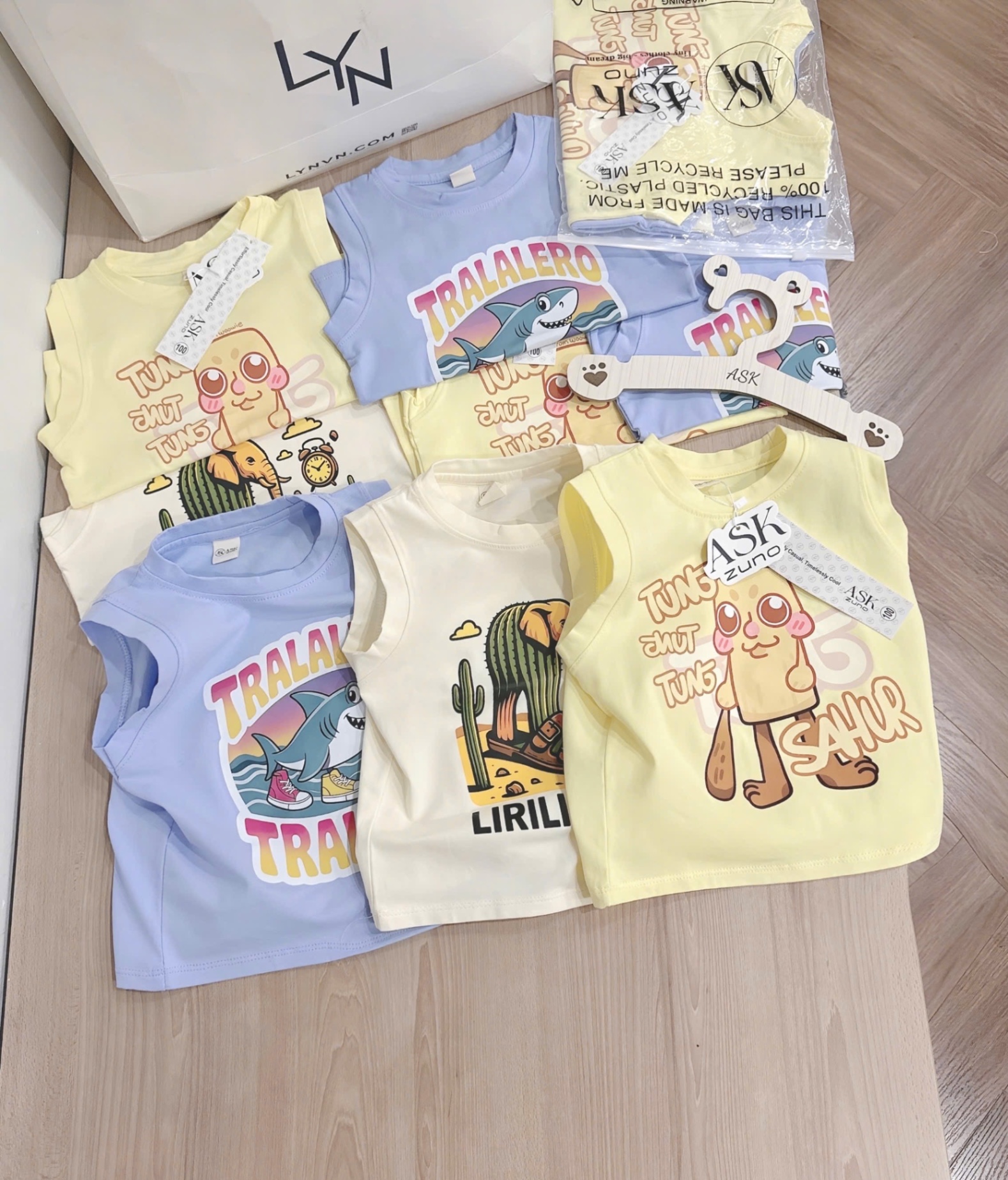 (Hàng chờ) AB722 - SET 3 ÁO BÉ TRAI TUNG TUNG TRALA xanh vàng be
