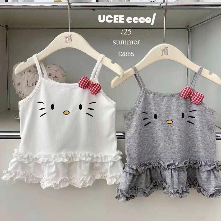 VB541 - SET 2 VÁY BÉ GÁI 2S KITTY NƠ NỔI ghi trắng