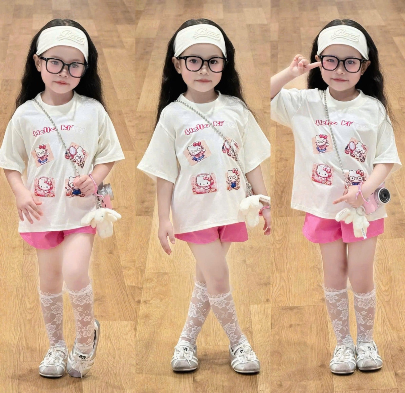 G613 - BỘ ĐÙI BÉ GÁI ÁO TRẮNG Hello Kitty QUẦN HỒNG