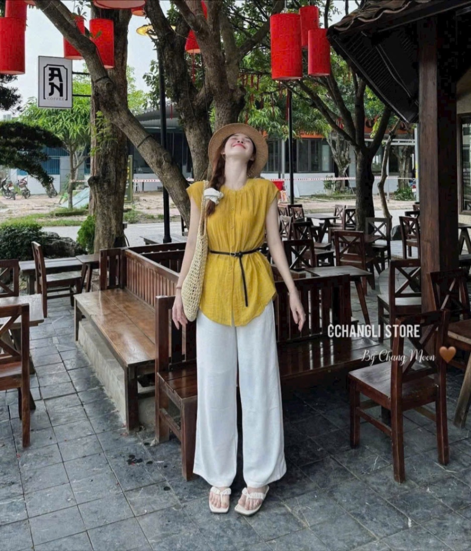 S015 - SET NỮ ÁO VÀNG TAY HẾN QUẦN SUÔNG TRẮNG KÈM ĐAI