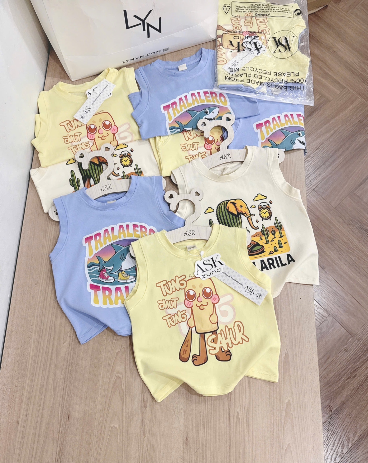 AB722 - SET 3 ÁO BÉ TRAI TUNG TUNG TRALA xanh vàng be