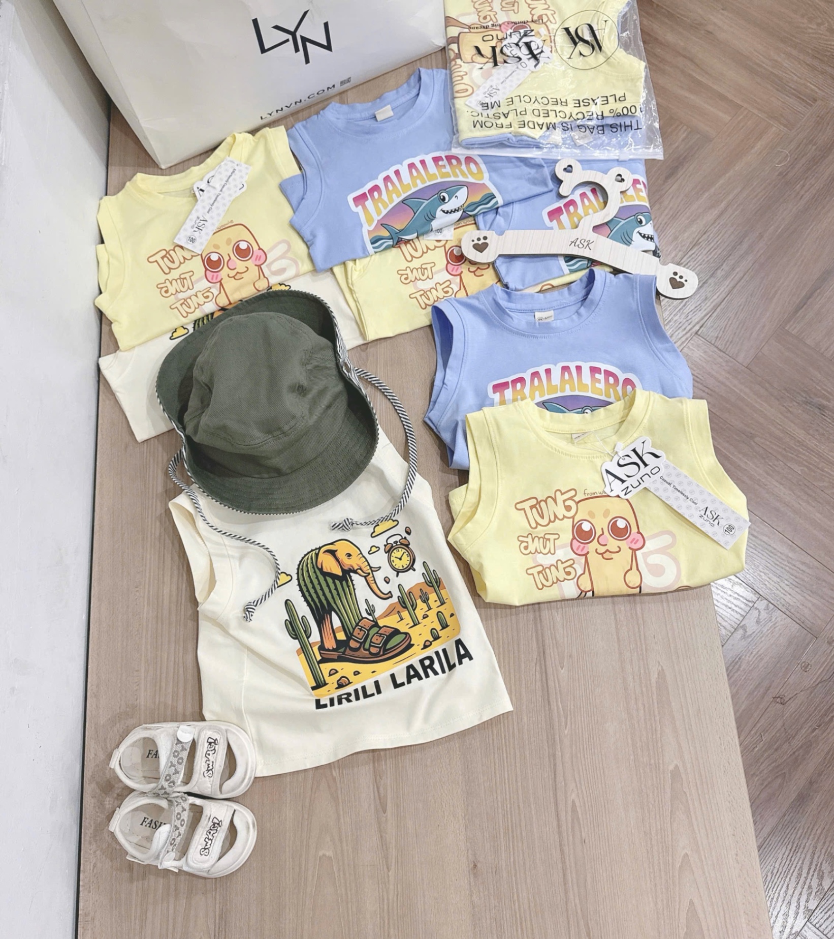AB722 - SET 3 ÁO BÉ TRAI TUNG TUNG TRALA xanh vàng be
