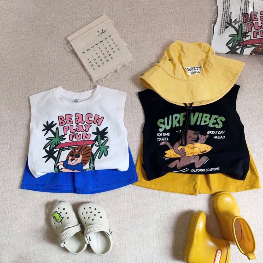 T691 - SET 2 BỘ ĐÙI BÉ TRAI BA LỖ BEACH VIBES đen trắng