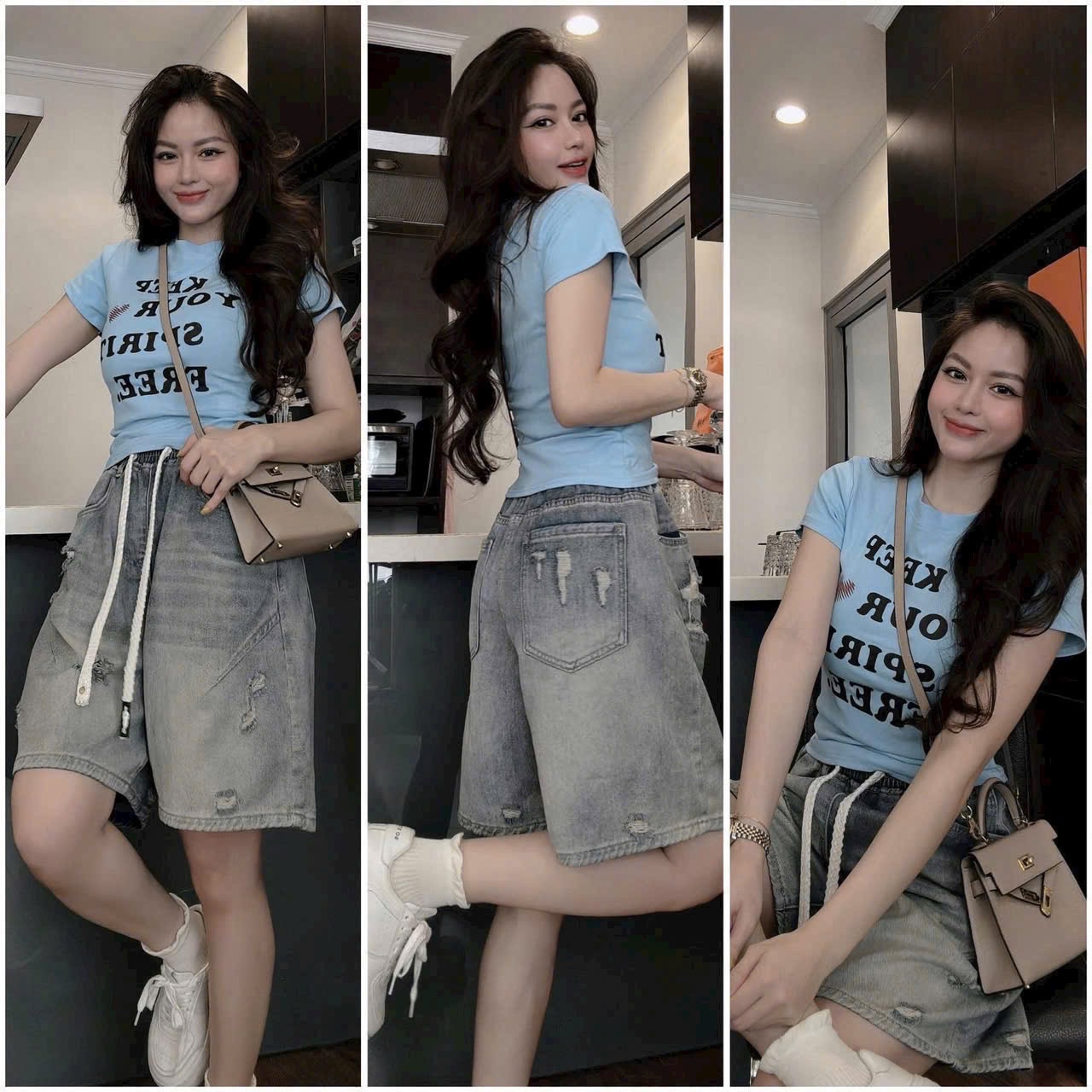 S027 - SET NỮ ÁO XANH CỘC KEEP YOUR QUẦN BÒ NGỐ