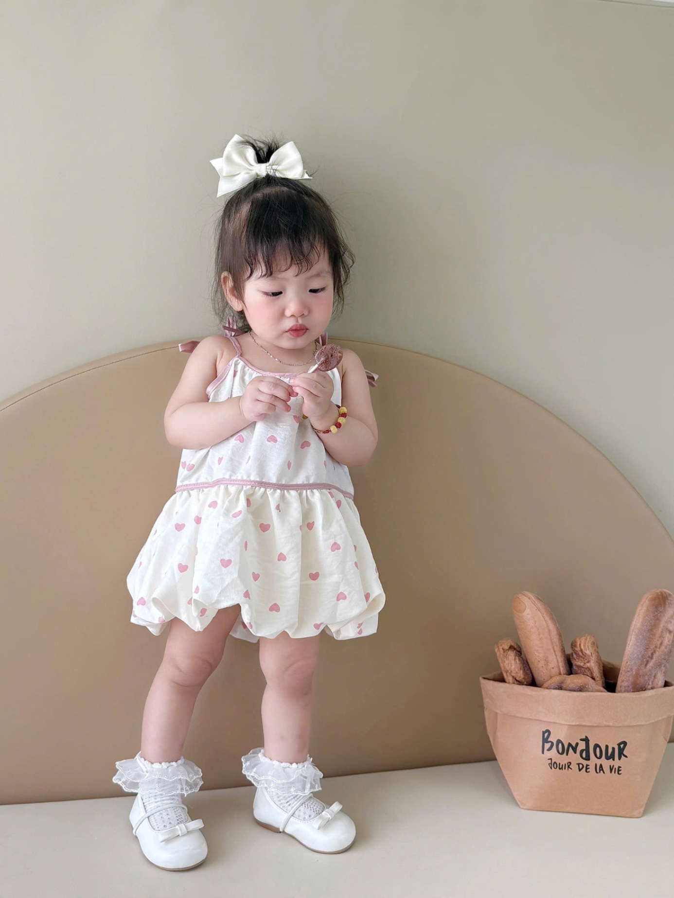 (hàng chờ) VB544 - SET 2 VÁY BÉ GÁI BỒNG GẤU TIM NƠ hồng be