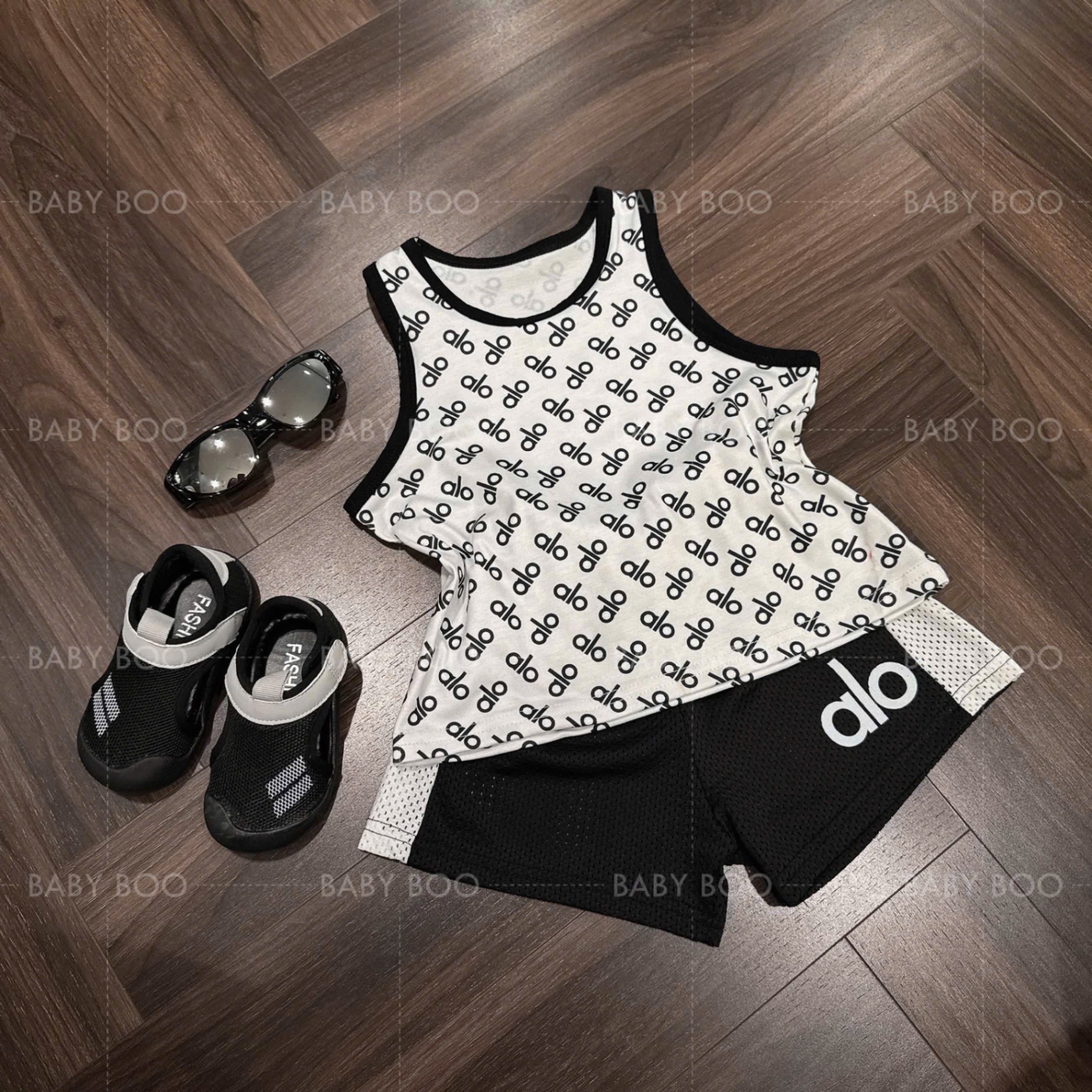 T708 - BỘ ĐÙI BÉ TRAI BA LỖ alo QUẦN ĐEN PHỐI LƯỚI