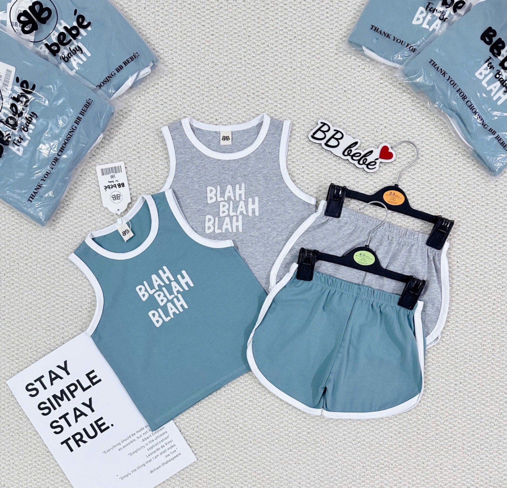 T706 - SET 2 BỘ ĐÙI BÉ TRAI BA LỖ BLAH xanh ghi