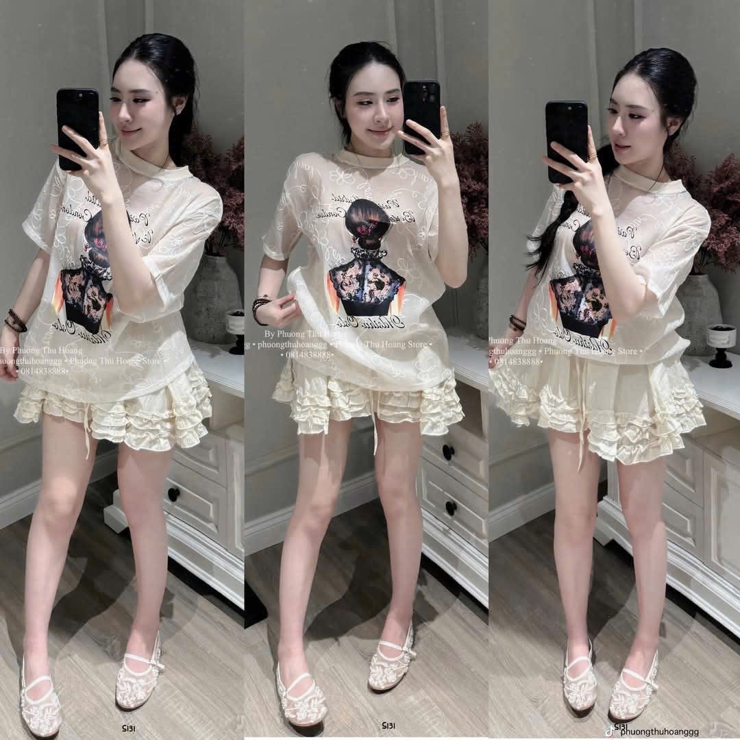 ANU227 - ÁO VOAN TƠ THÊU HOA CÔ GÁI Paris
