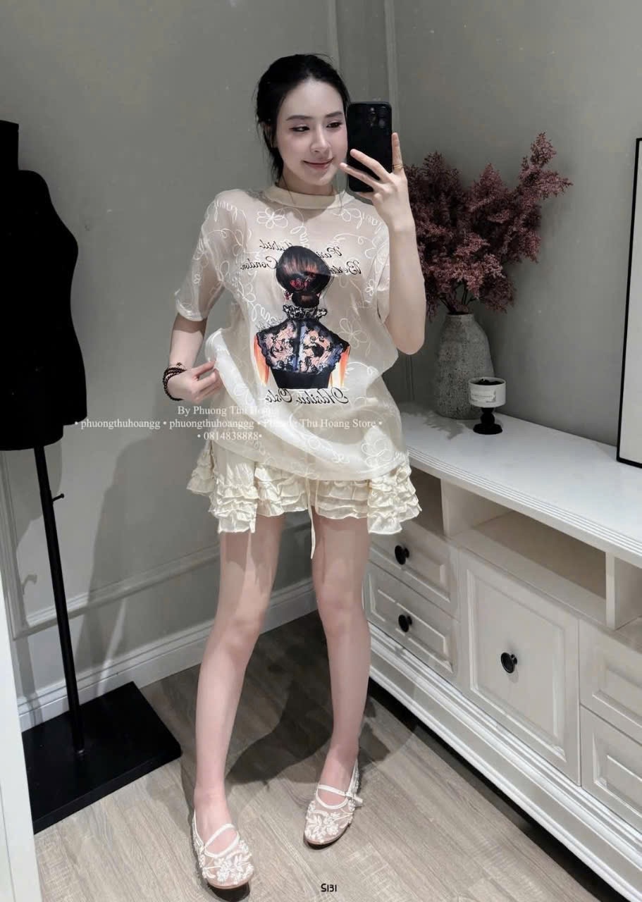 ANU227 - ÁO VOAN TƠ THÊU HOA CÔ GÁI Paris