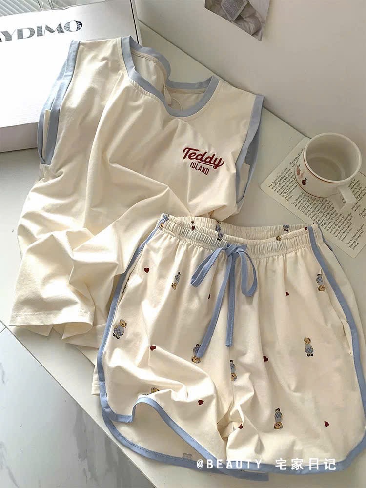 S034 - BỘ ĐÙI NỮ ÁO BE GẤU Teddy VIỀN XANH