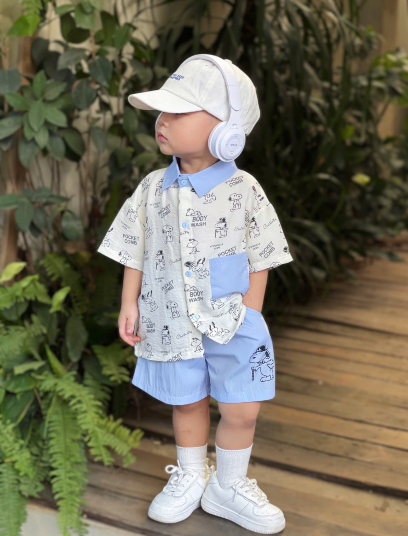 T712 - SET BÉ TRAI ÁO SƠ MI CHÓ SNOOPY CỔ XANH