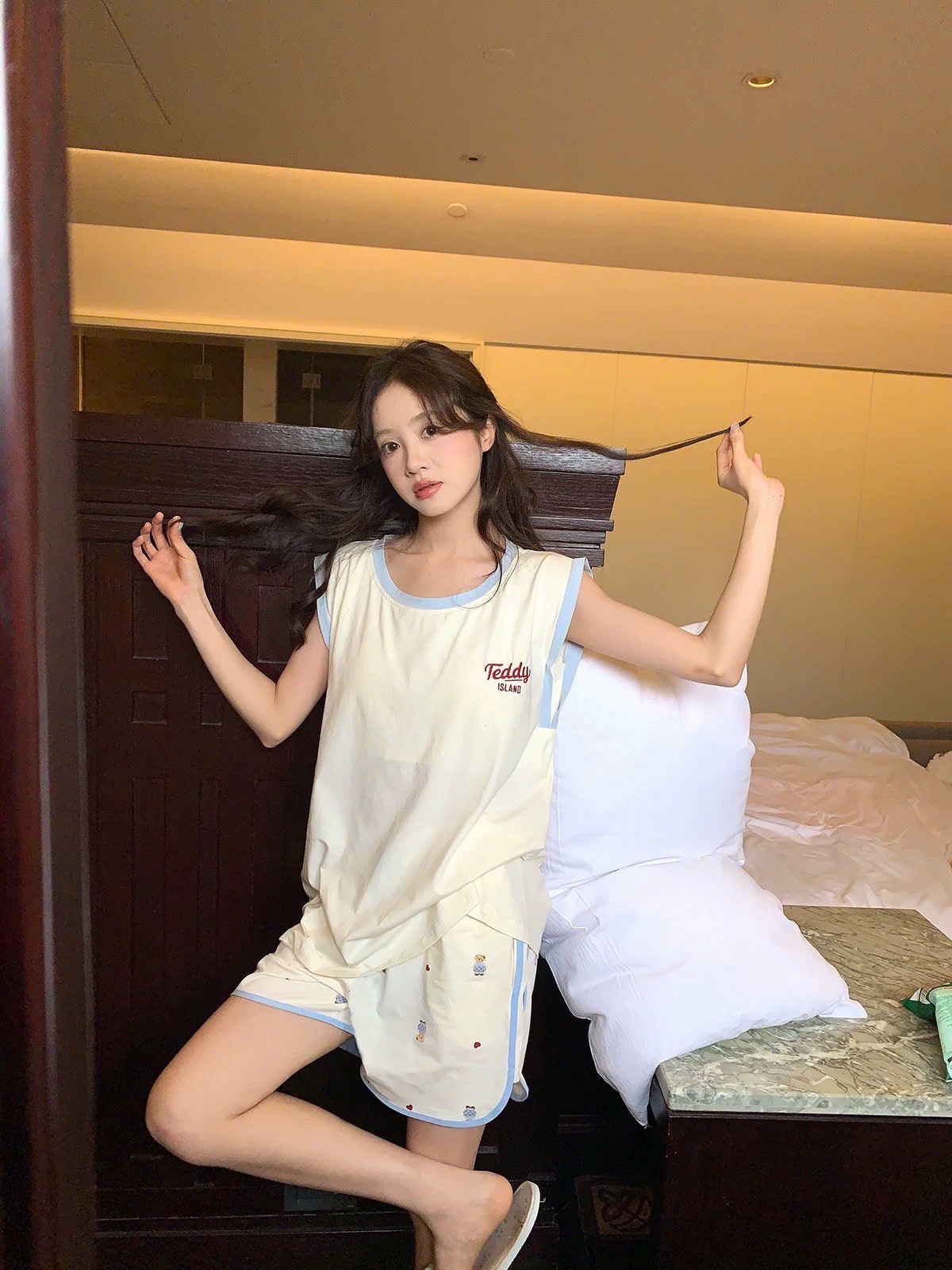 S034 - BỘ ĐÙI NỮ ÁO BE GẤU Teddy VIỀN XANH