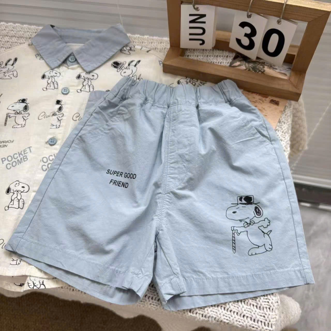 T712 - SET BÉ TRAI ÁO SƠ MI CHÓ SNOOPY CỔ XANH