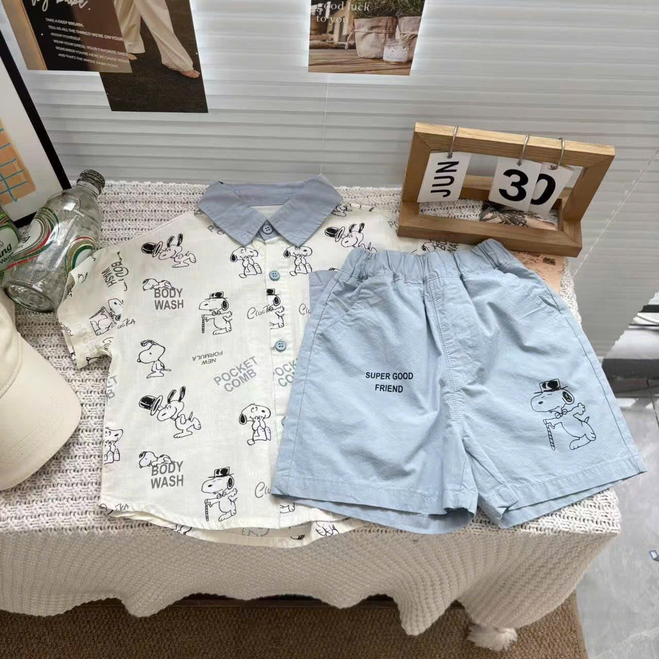 T712 - SET BÉ TRAI ÁO SƠ MI CHÓ SNOOPY CỔ XANH