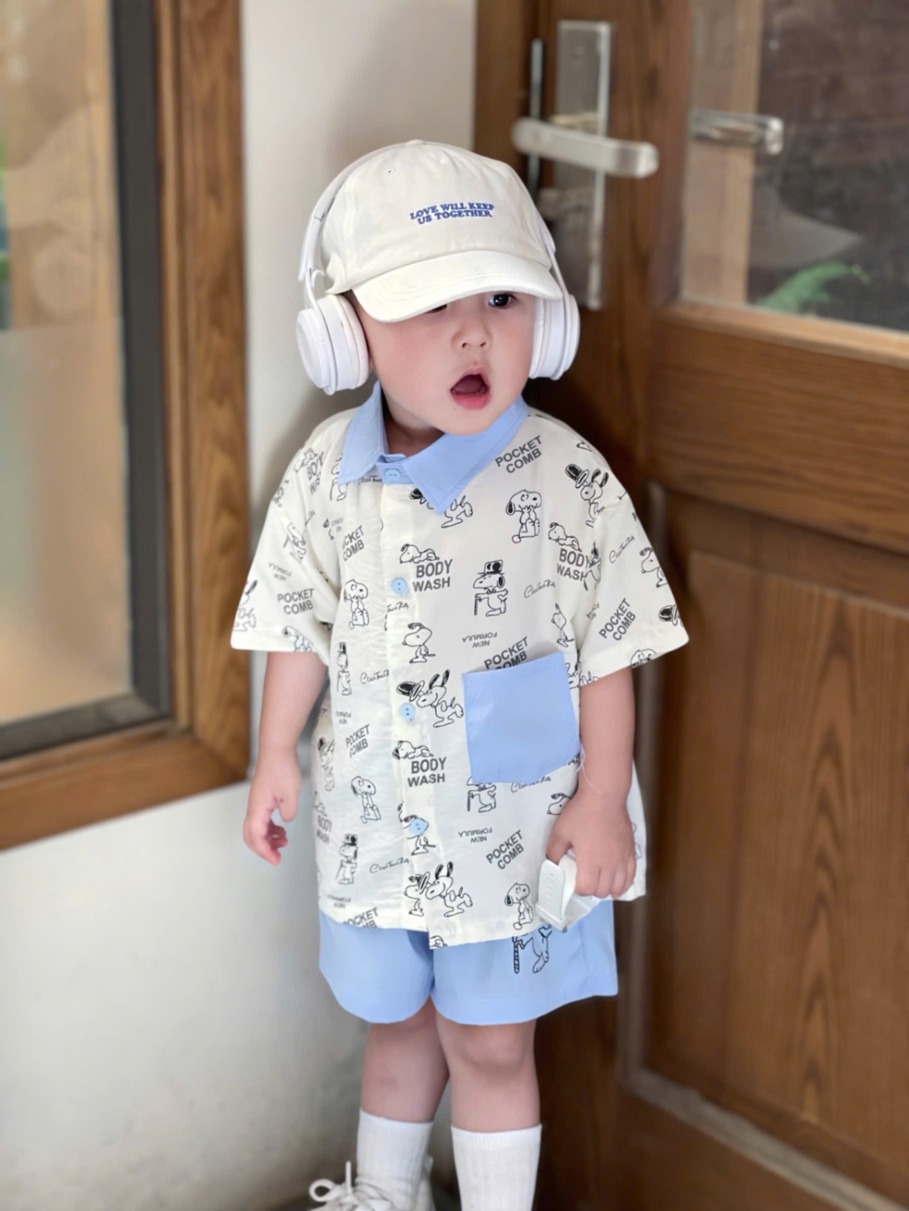 T712 - SET BÉ TRAI ÁO SƠ MI CHÓ SNOOPY CỔ XANH