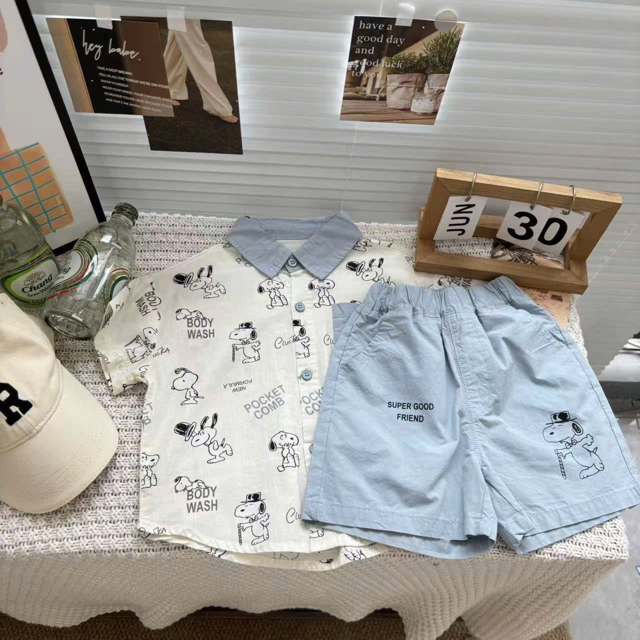 T712 - SET BÉ TRAI ÁO SƠ MI CHÓ SNOOPY CỔ XANH