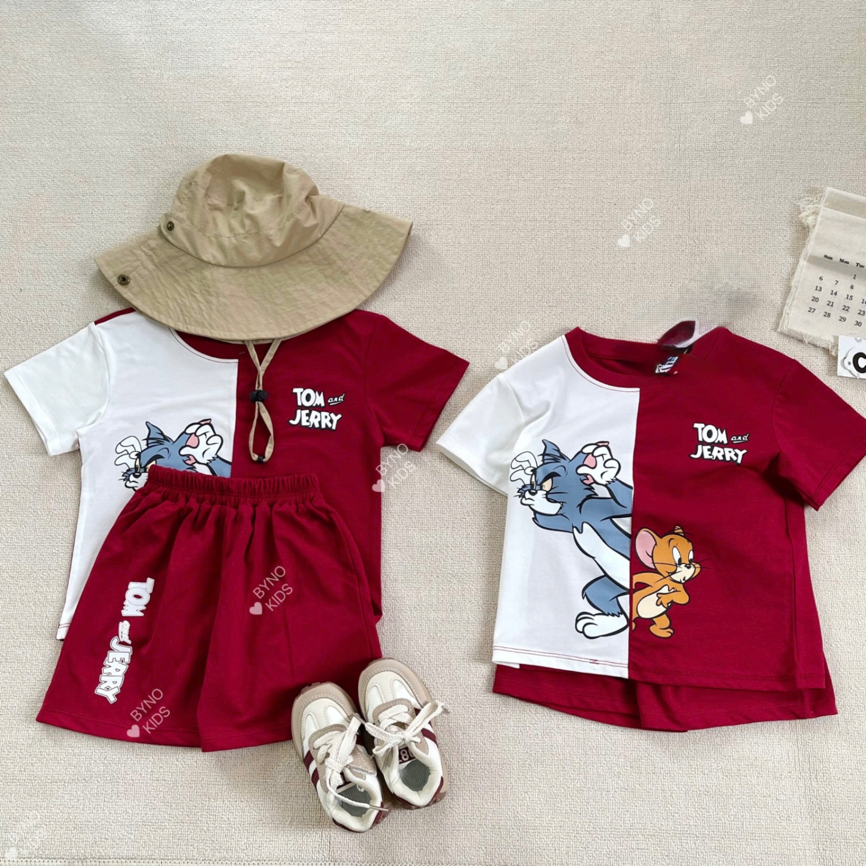 T713 - BỘ ĐÙI BÉ TRAI ÁO TRẮNG PHỐI ĐỎ TOM JERRY