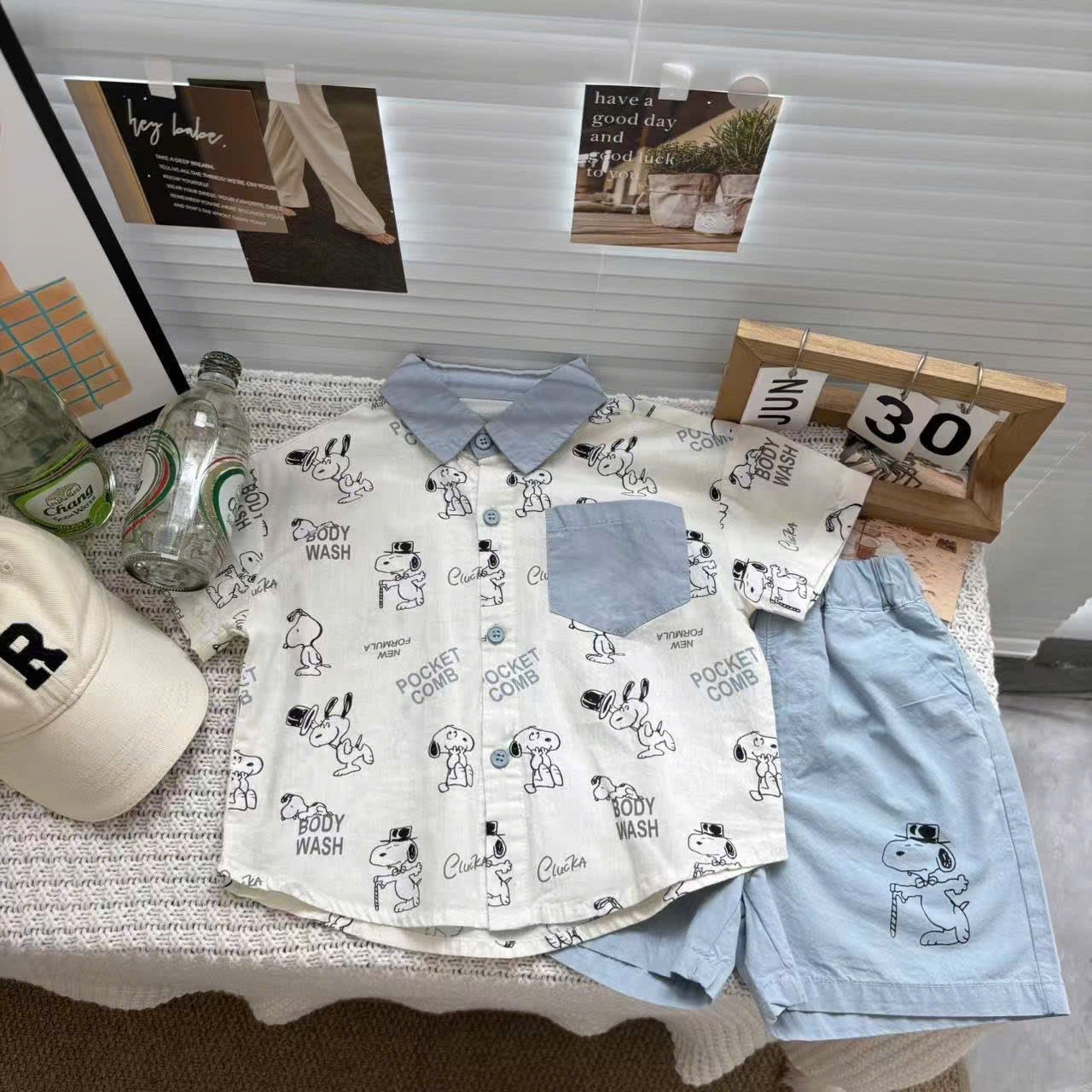 T712 - SET BÉ TRAI ÁO SƠ MI CHÓ SNOOPY CỔ XANH