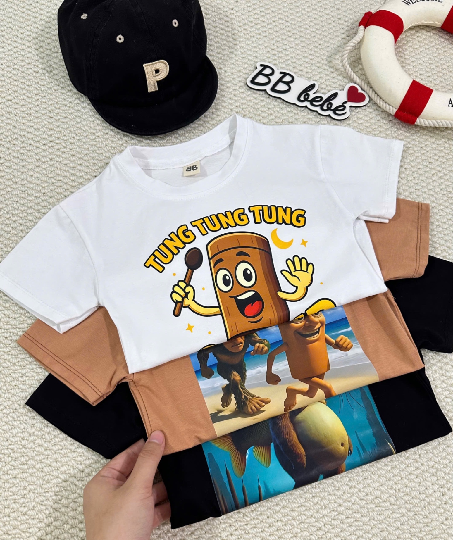 AB724 - SET 3 ÁO BÉ TRAI CỘC TUNGTUNG đen nâu trắng