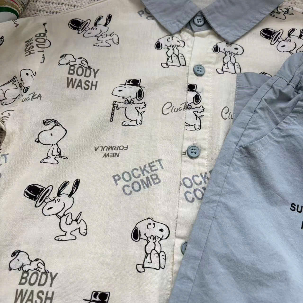 T712 - SET BÉ TRAI ÁO SƠ MI CHÓ SNOOPY CỔ XANH