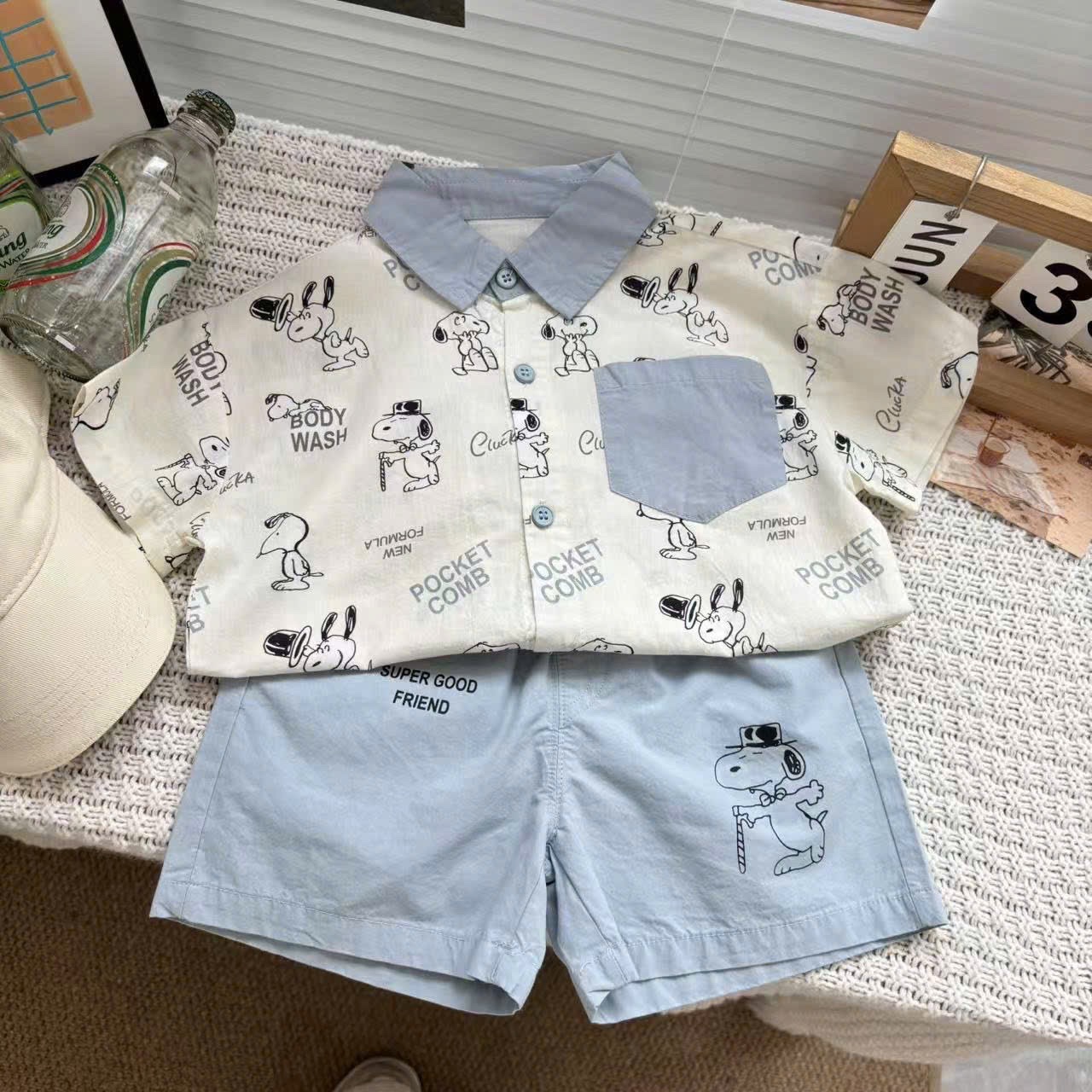 T712 - SET BÉ TRAI ÁO SƠ MI CHÓ SNOOPY CỔ XANH