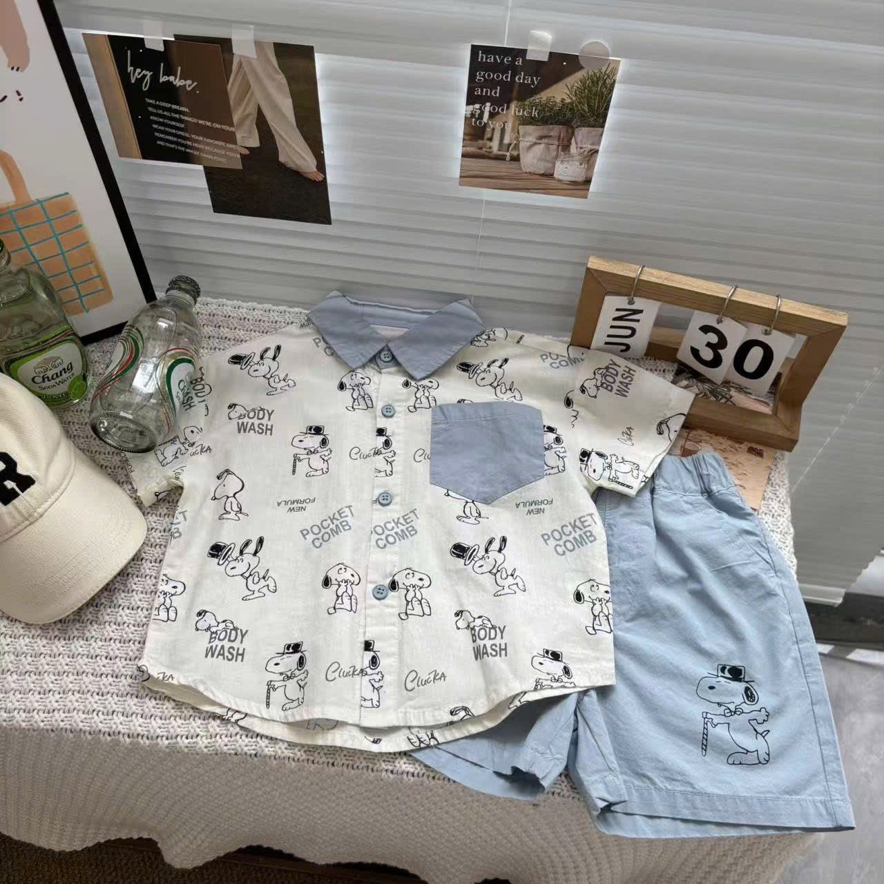 T712 - SET BÉ TRAI ÁO SƠ MI CHÓ SNOOPY CỔ XANH