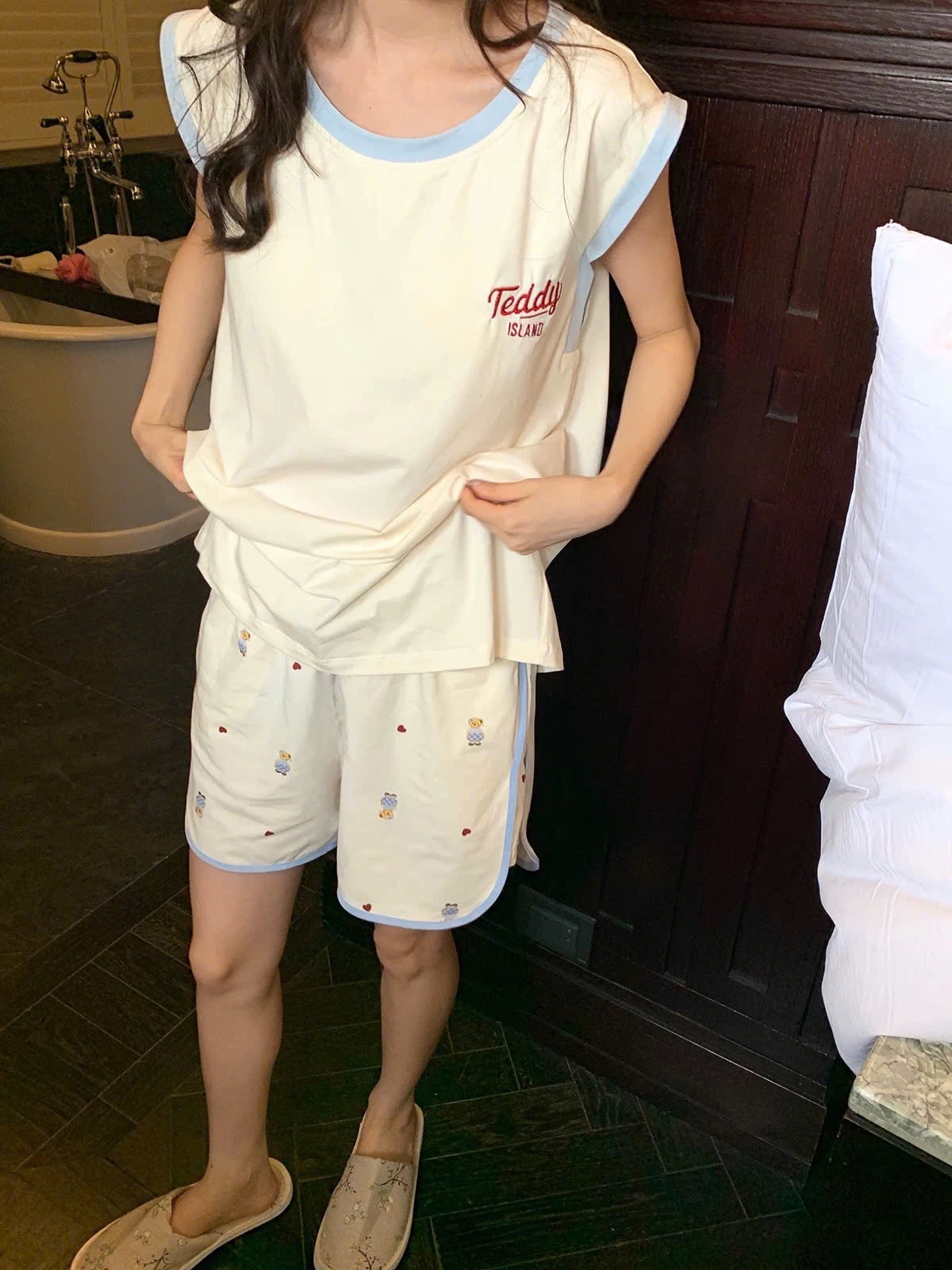 S034 - BỘ ĐÙI NỮ ÁO BE GẤU Teddy VIỀN XANH