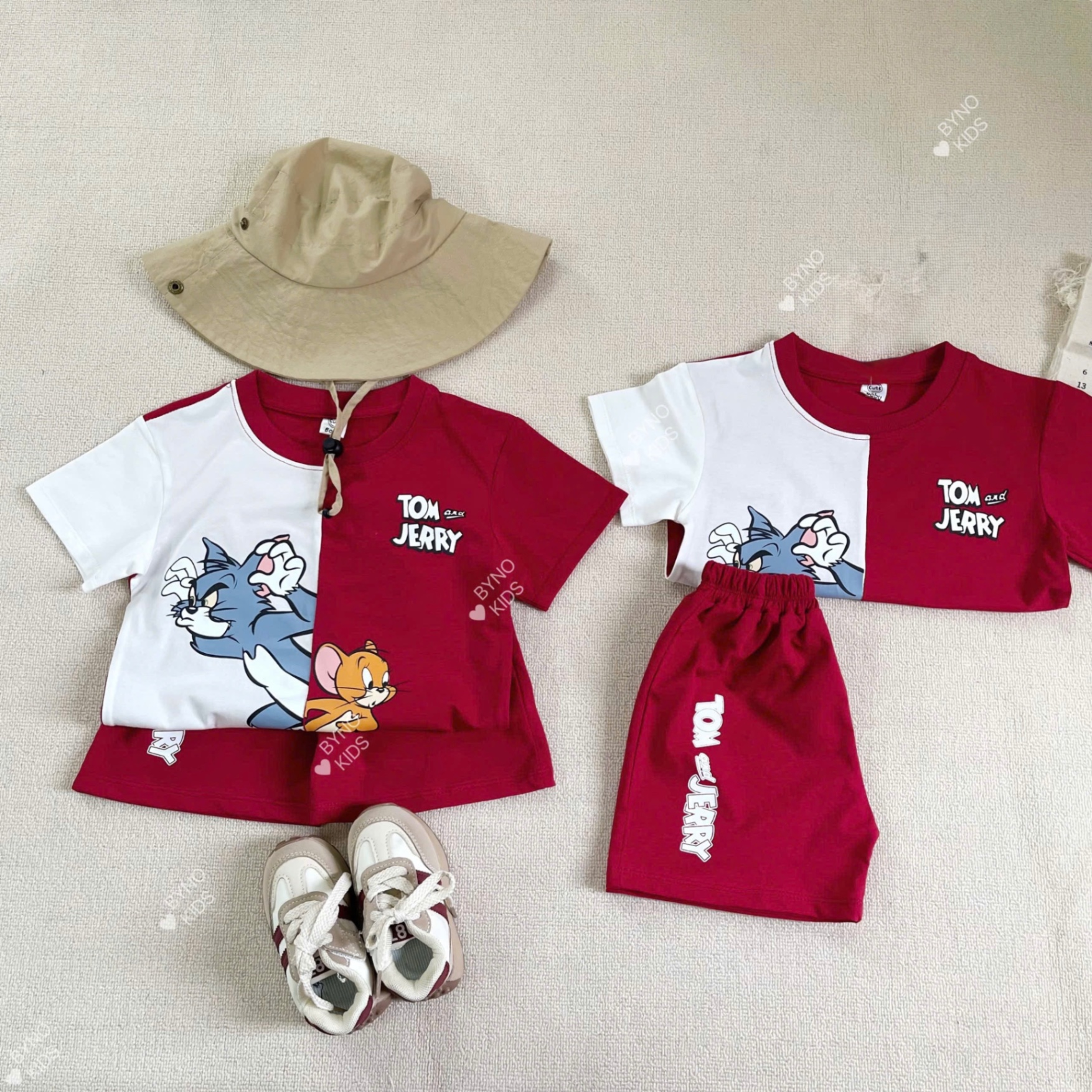 T713 - BỘ ĐÙI BÉ TRAI ÁO TRẮNG PHỐI ĐỎ TOM JERRY
