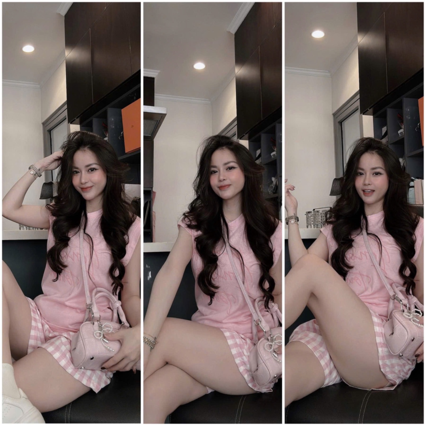 S041 - BỘ ĐÙI NỮ ÁO HỒNG the love QUẦN KẺ CARO