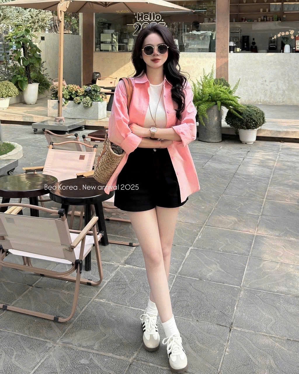 ANU231 - ÁO SƠ MI NỮ HỒNG DÀI TAY DÁNG RỘNG