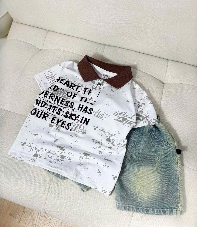 T721 - BỘ BÉ TRAI ÁO POLO LOANG CỔ NÂU QUẦN BÒ