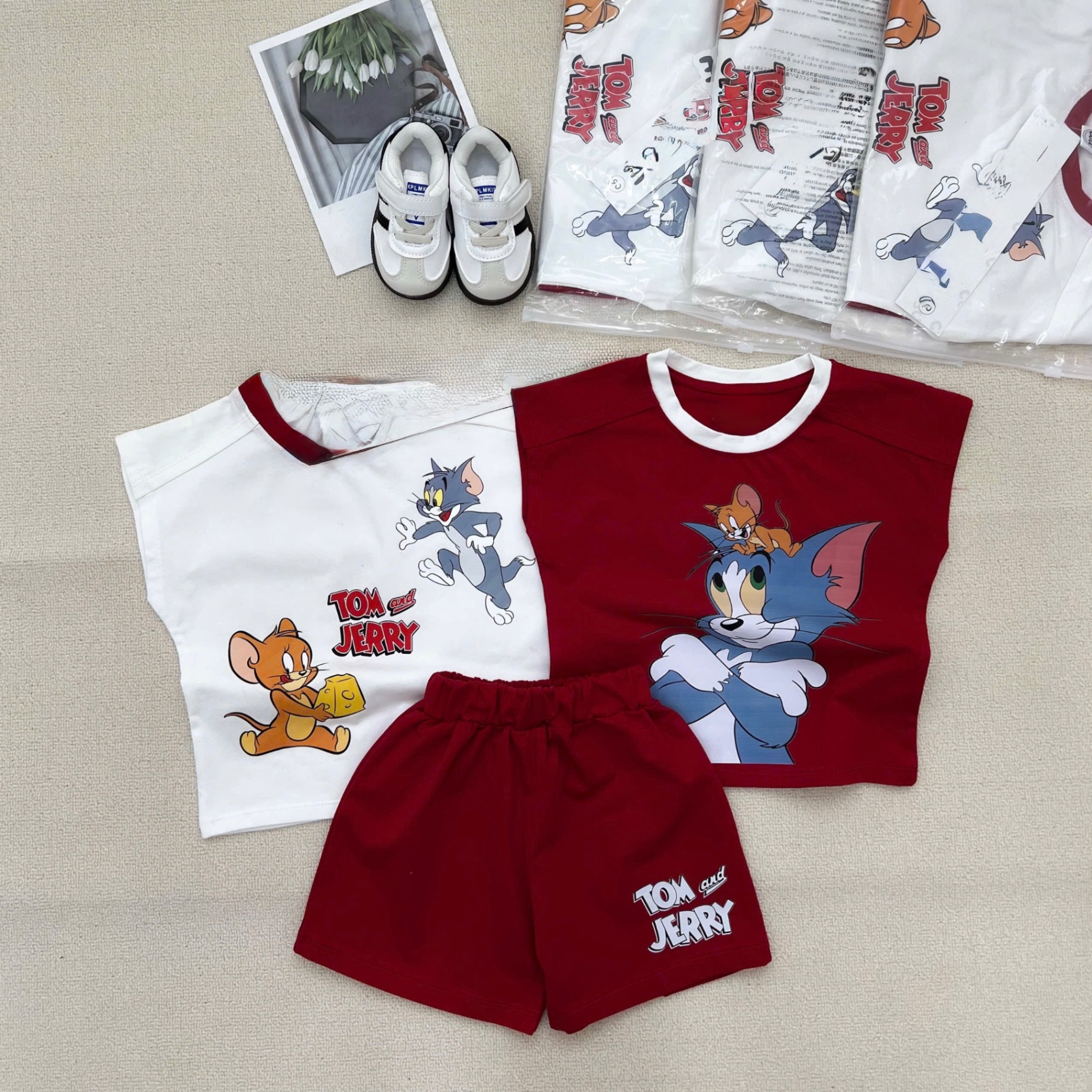 T727 - SET BÉ TRAI 3CT ÁO ĐỎ TRẮNG TOM JERRY QUẦN ĐỎ